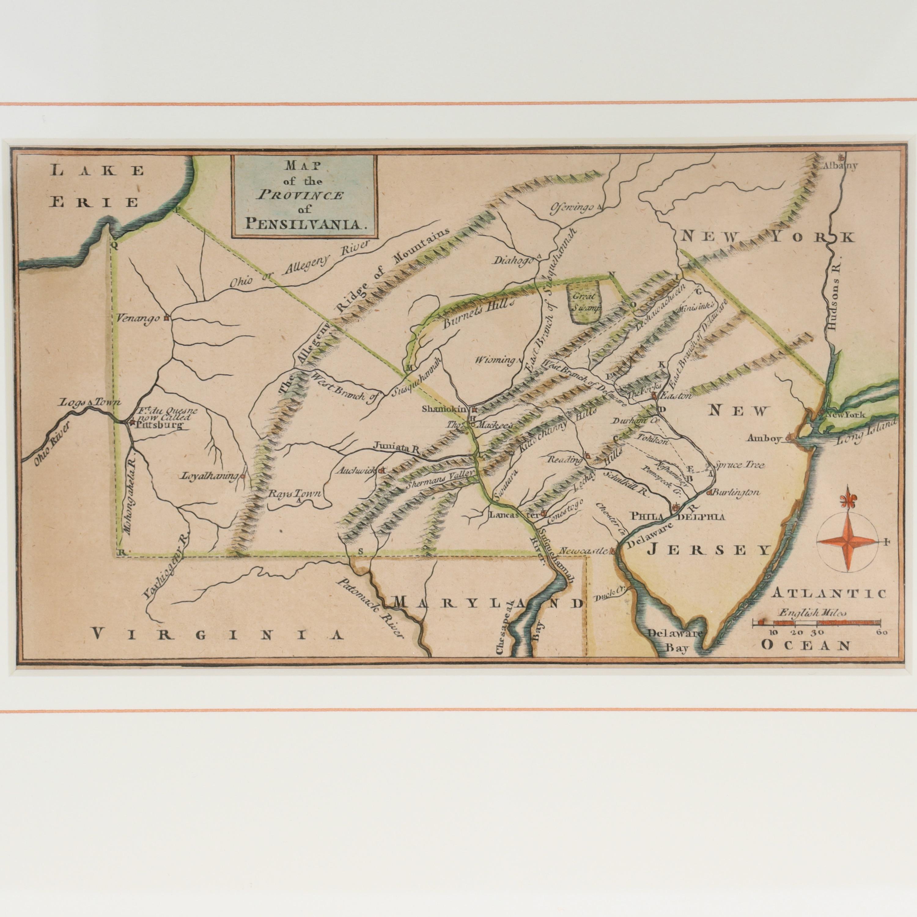 Britannique Carte ancienne du 18e siècle de la province de Pensilvania « État de Pennsylvanie » en vente
