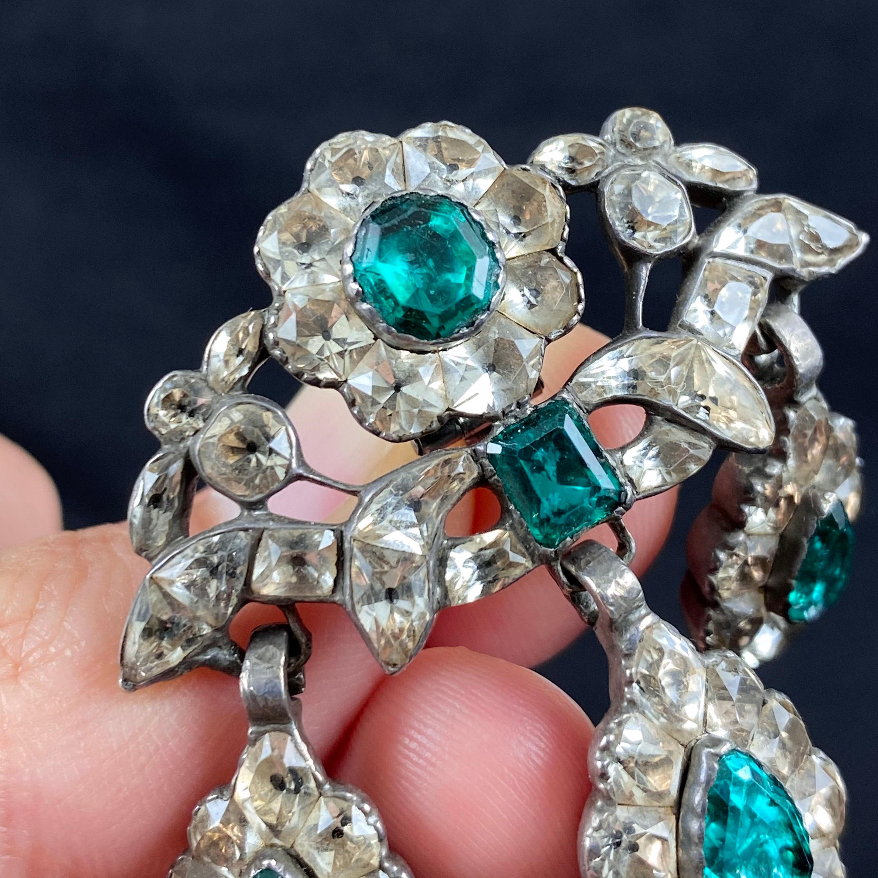 Antique Cushion Cut Antique 18th Century Minas Novas Rock Crystal Topaz Girandole Earrings Brooch For Sale