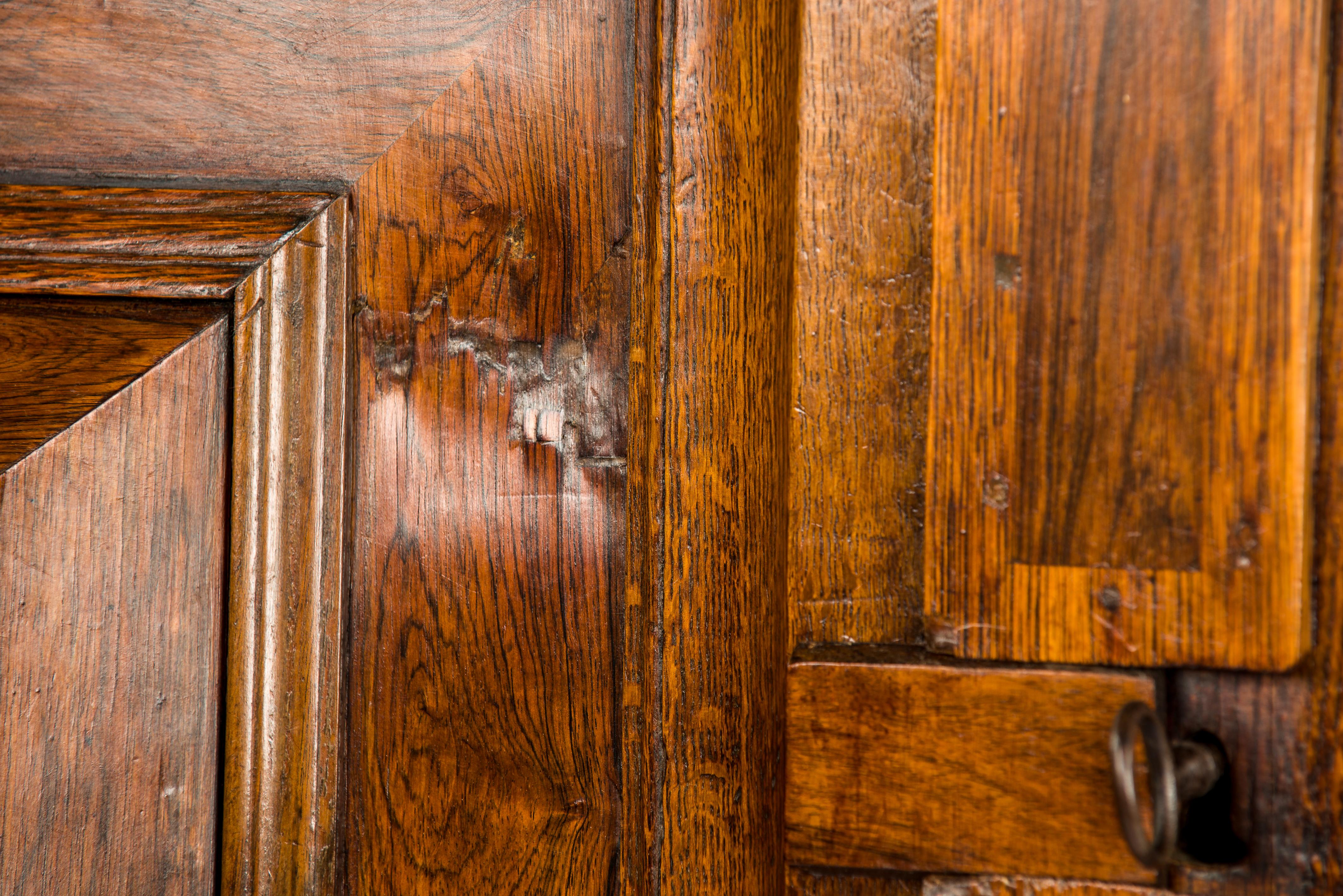 Steel Antique 18th century oak and walnut Dutch Renaissance honey color  oak cupboard For Sale