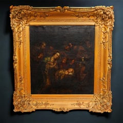 Antiguo cuadro al óleo sobre lienzo del siglo XVIII, la Sagrada Familia