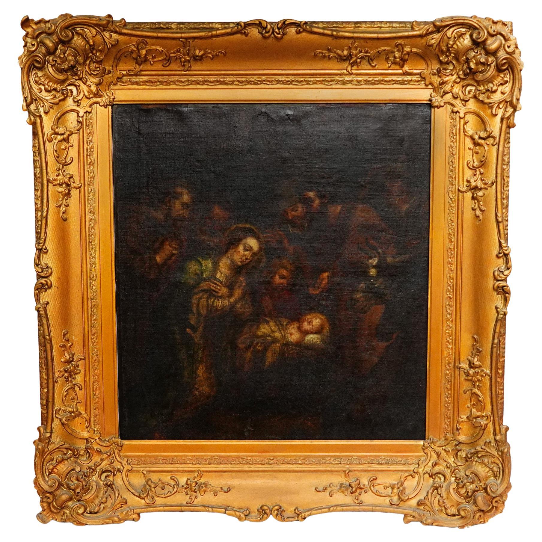 Antique 18th Century Oil on Canvas Large Painting, the Holy Family For Sale