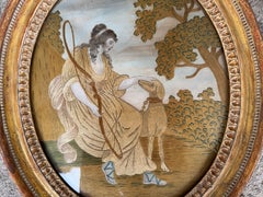 Ancienne peinture à l'huile du 18e siècle broderie sur soie Diane la chasseresse au chien