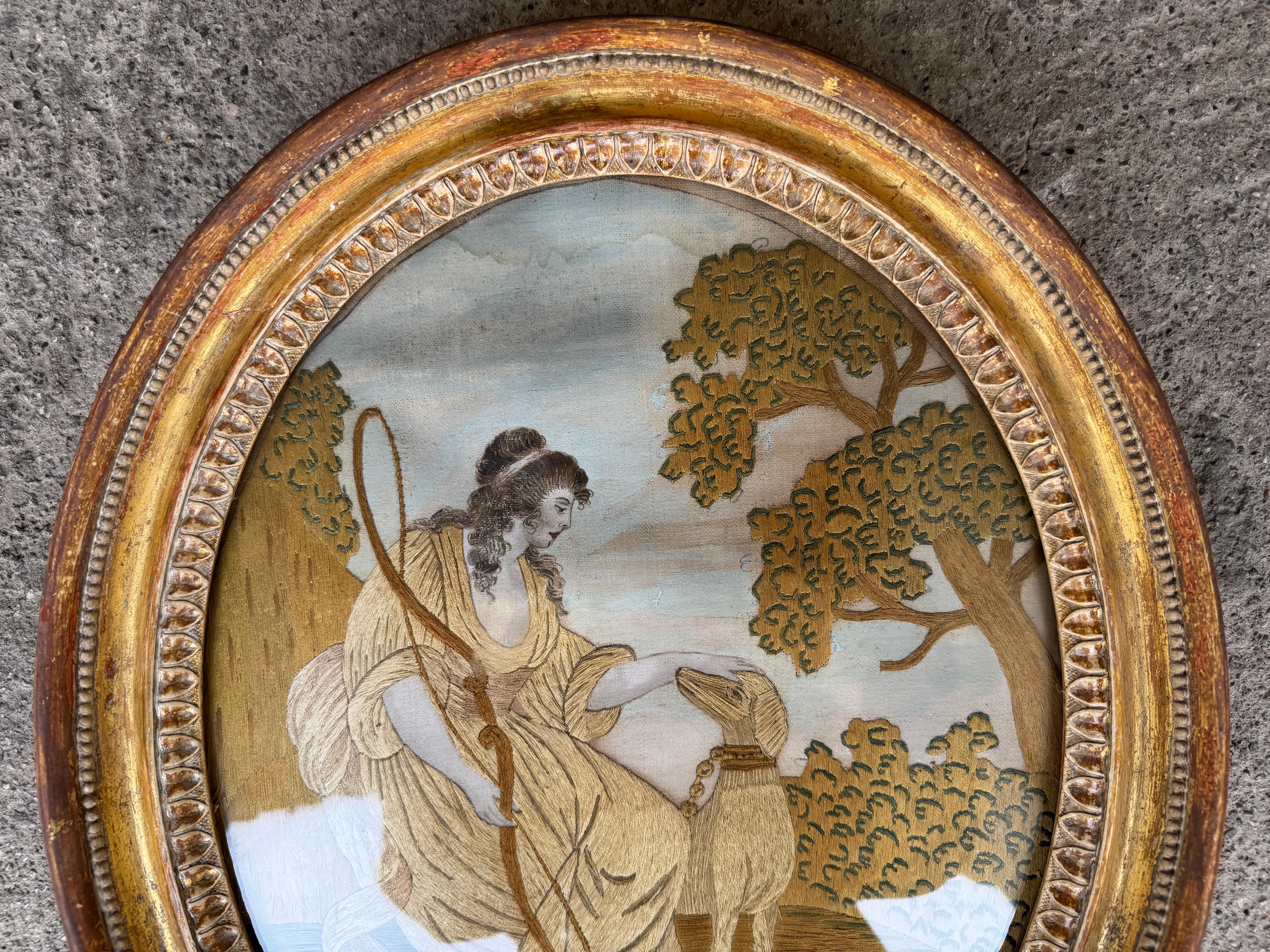 Antikes Ölgemälde aus dem 18. Jahrhundert Seidenstickerei Diana Die Jägerin mit Hund (Louis XVI.) im Angebot