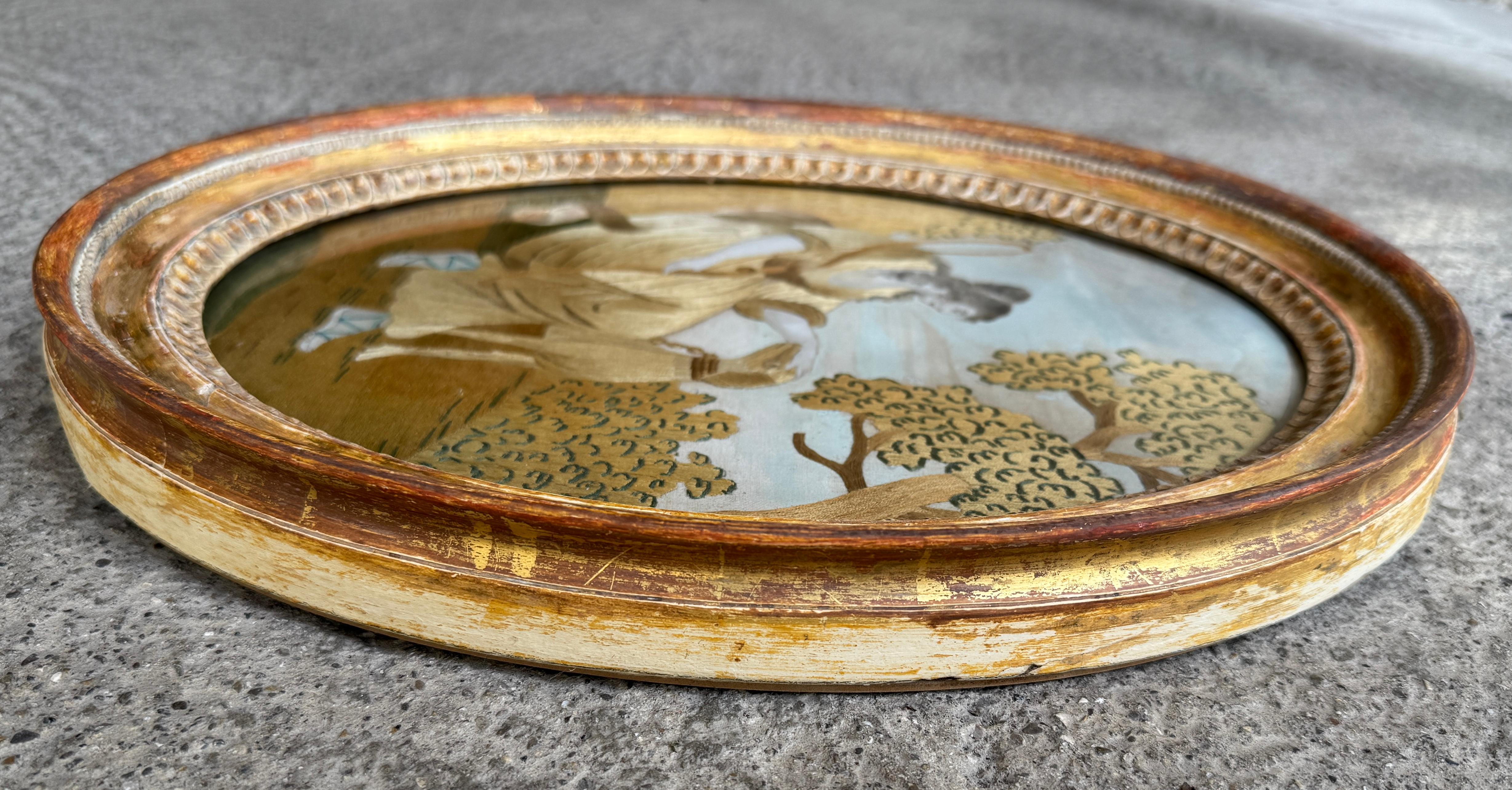 Antikes Ölgemälde aus dem 18. Jahrhundert Seidenstickerei Diana Die Jägerin mit Hund im Zustand „Gut“ im Angebot in Munich, DE