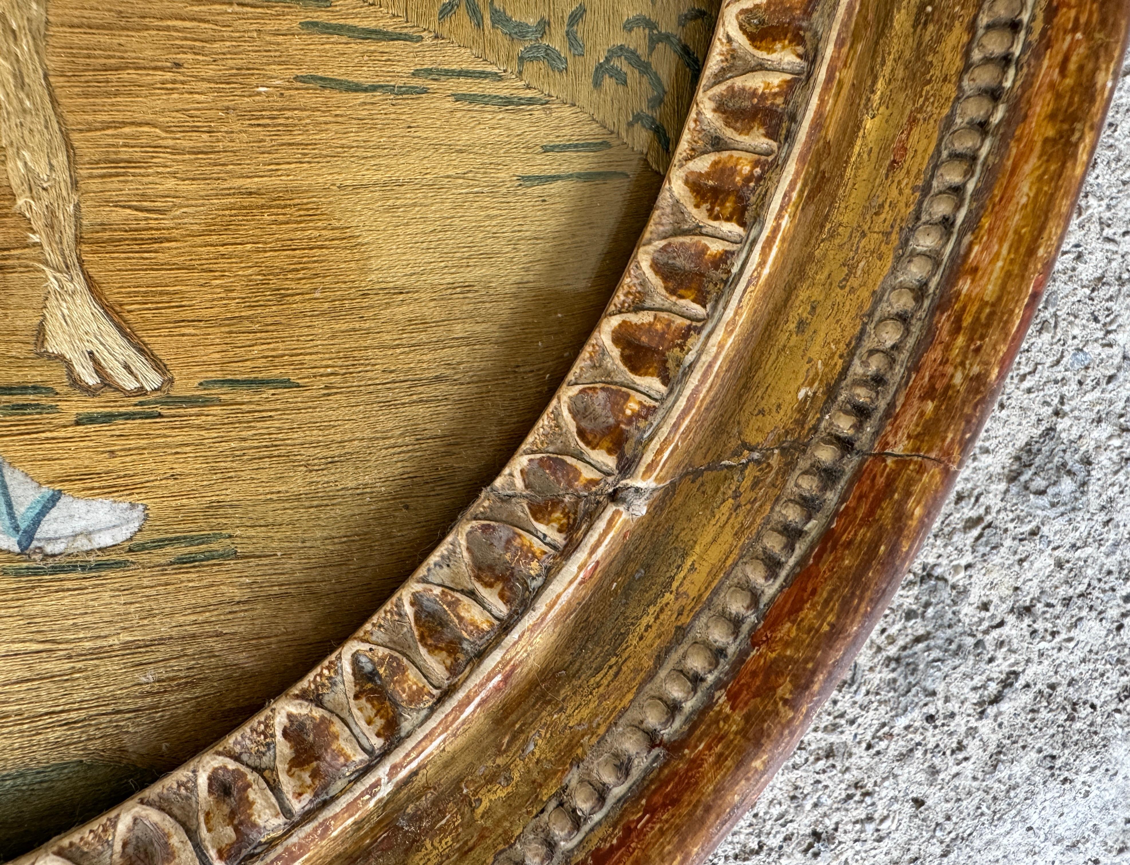 Antikes Ölgemälde aus dem 18. Jahrhundert Seidenstickerei Diana Die Jägerin mit Hund (Spätes 18. Jahrhundert) im Angebot