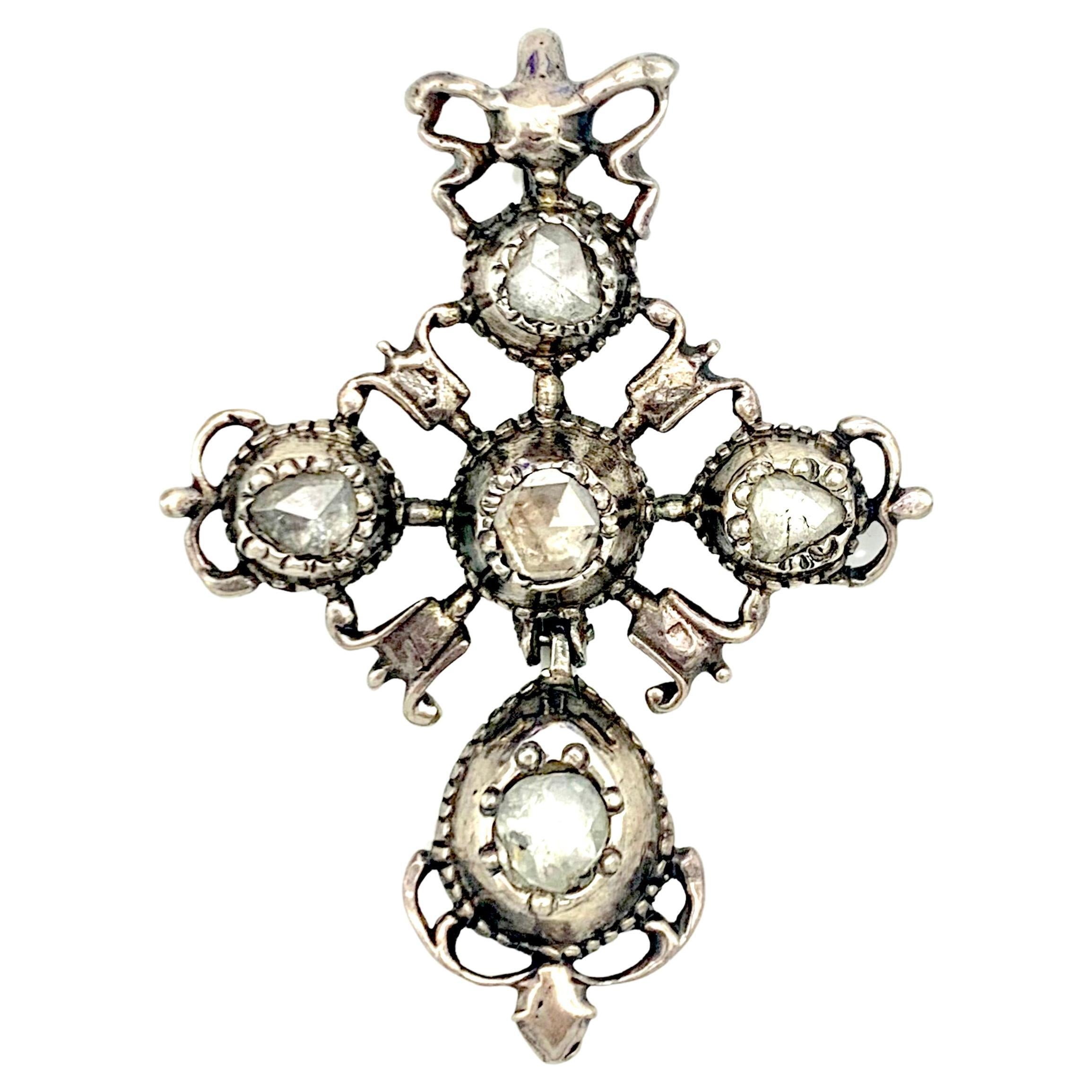 Antique 18th Century Old Cut Rose Diamond Cross St. Andrews Cross Pendant Silver For Sale
