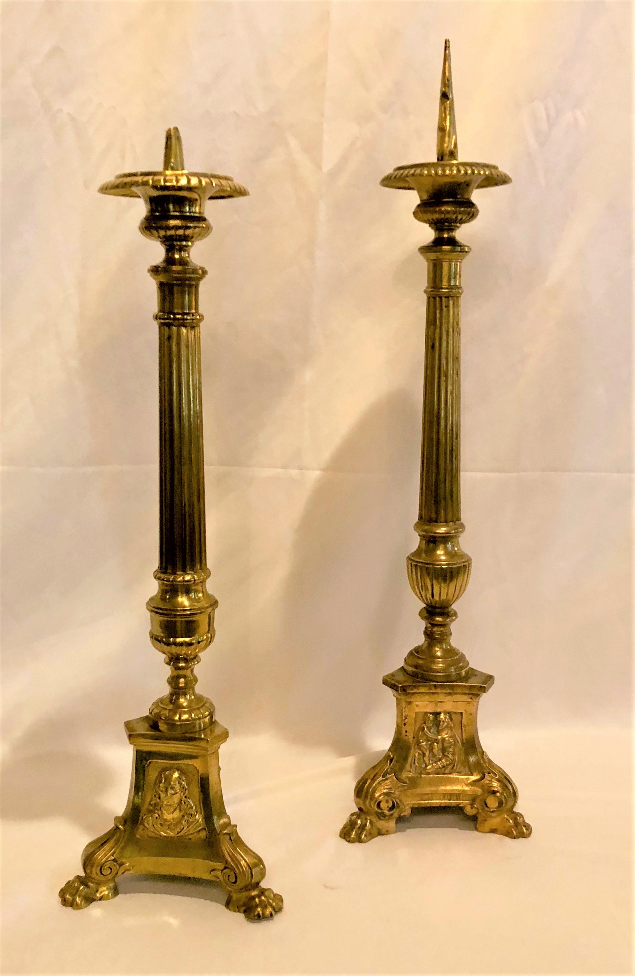 Pair of antique 18th century English brass old Gothic church candles.