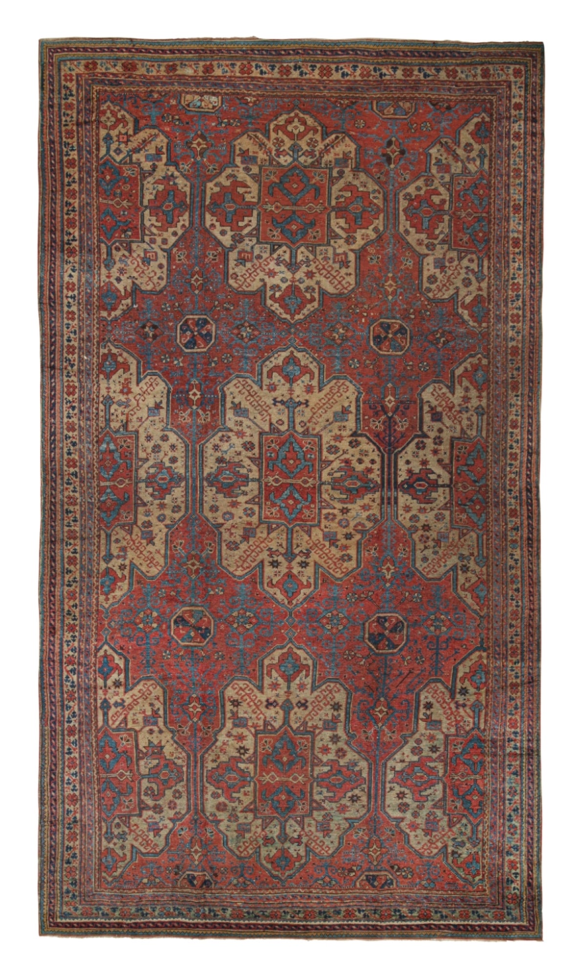 Antiker übergroßer Oushak-Teppich in Rot mit geometrischen Mustern