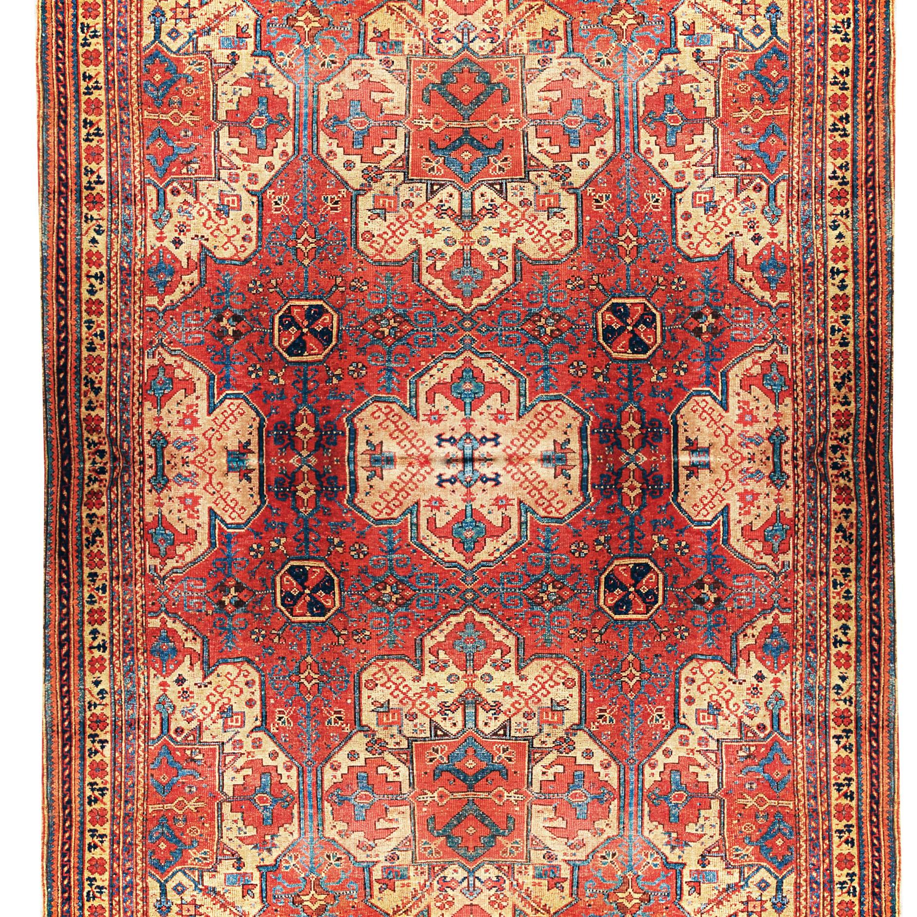 Antique 18th Century Oushak Traditional Orange and Blue Wool Rug In Good Condition In Long Island City, NY