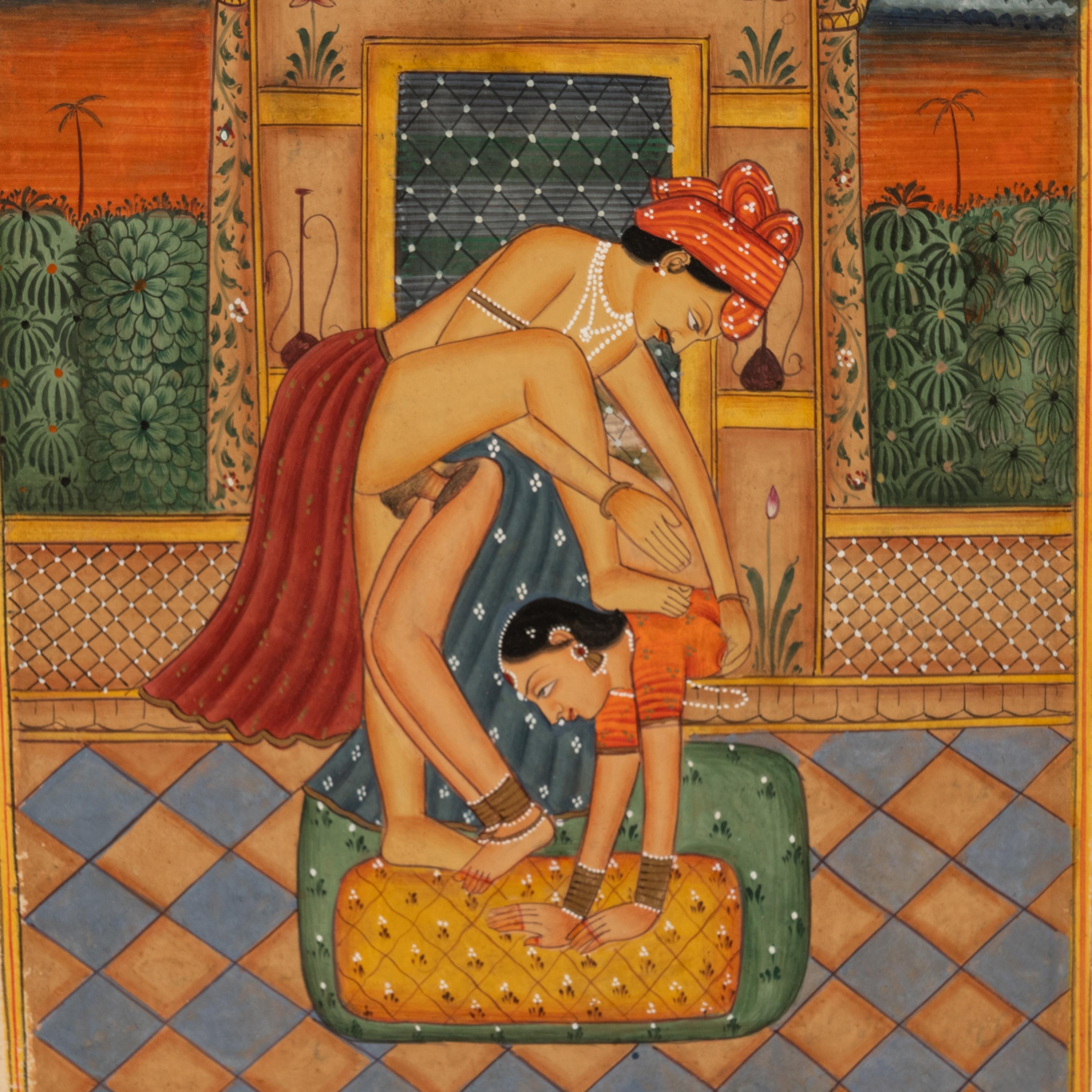 Antica coppia del XVIII secolo di dipinti erotici indiani Kamasutra in miniatura 1750 in vendita 3