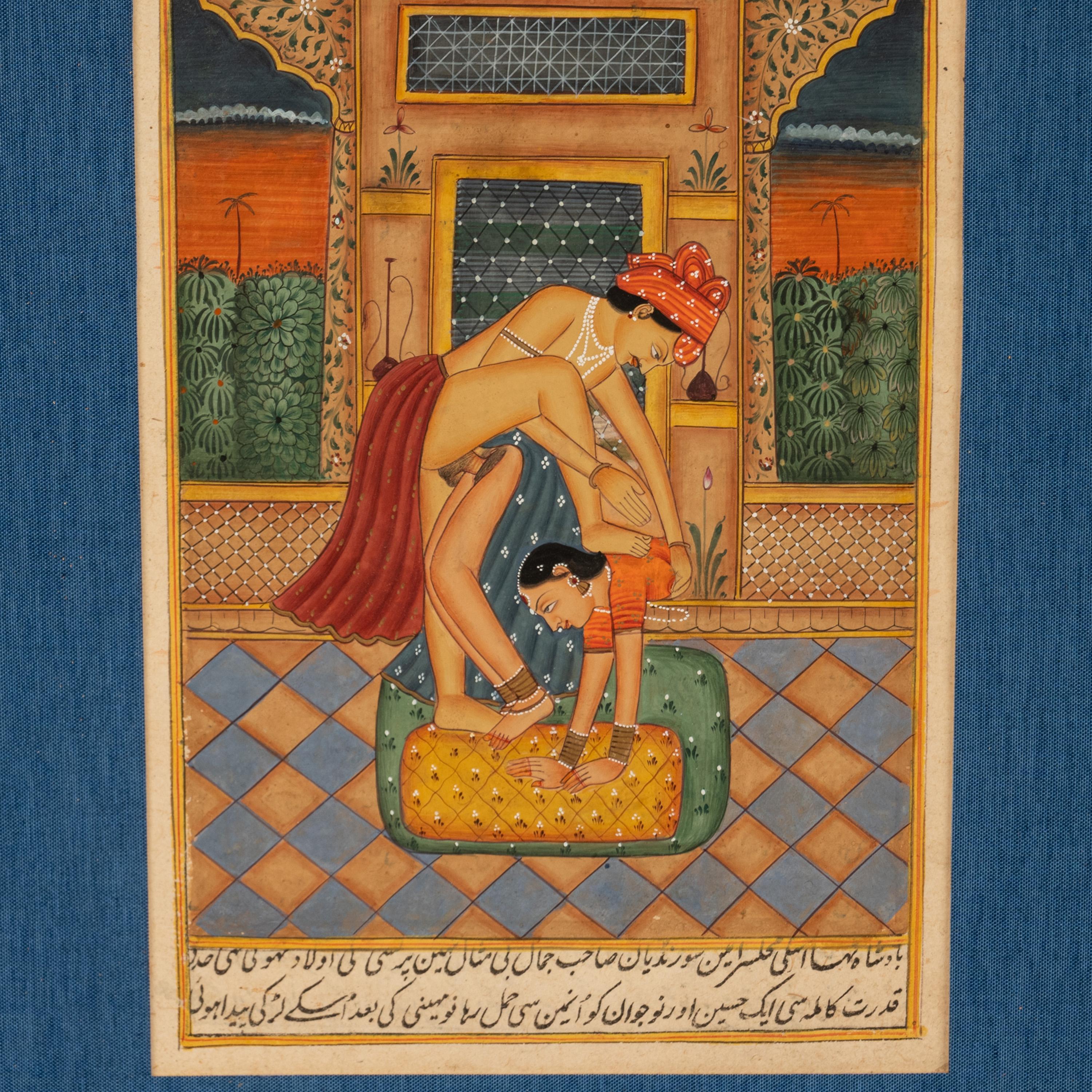 Antica coppia del XVIII secolo di dipinti erotici indiani Kamasutra in miniatura 1750 in vendita 4