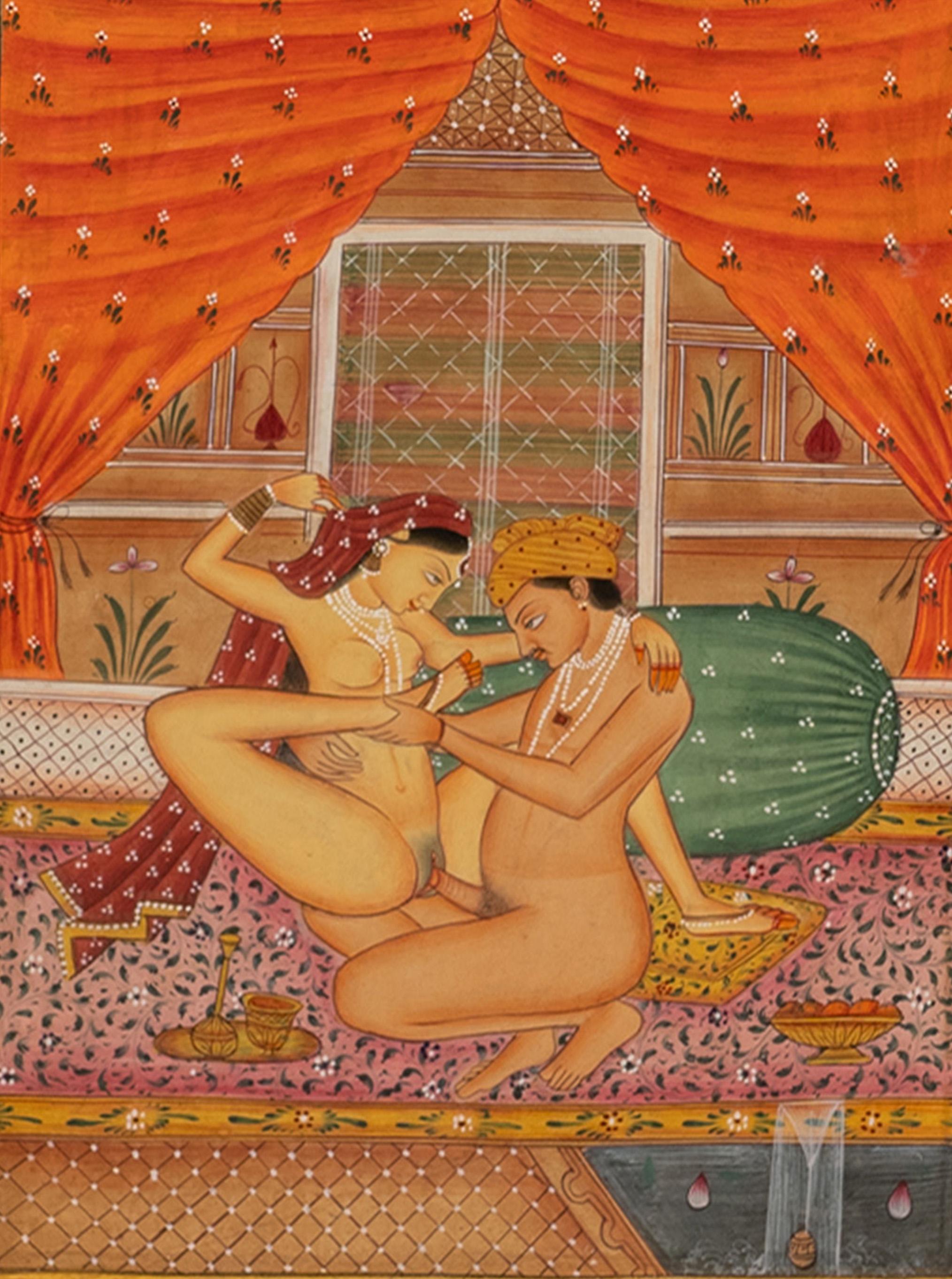 Antica coppia del XVIII secolo di dipinti erotici indiani Kamasutra in miniatura 1750 in vendita 7