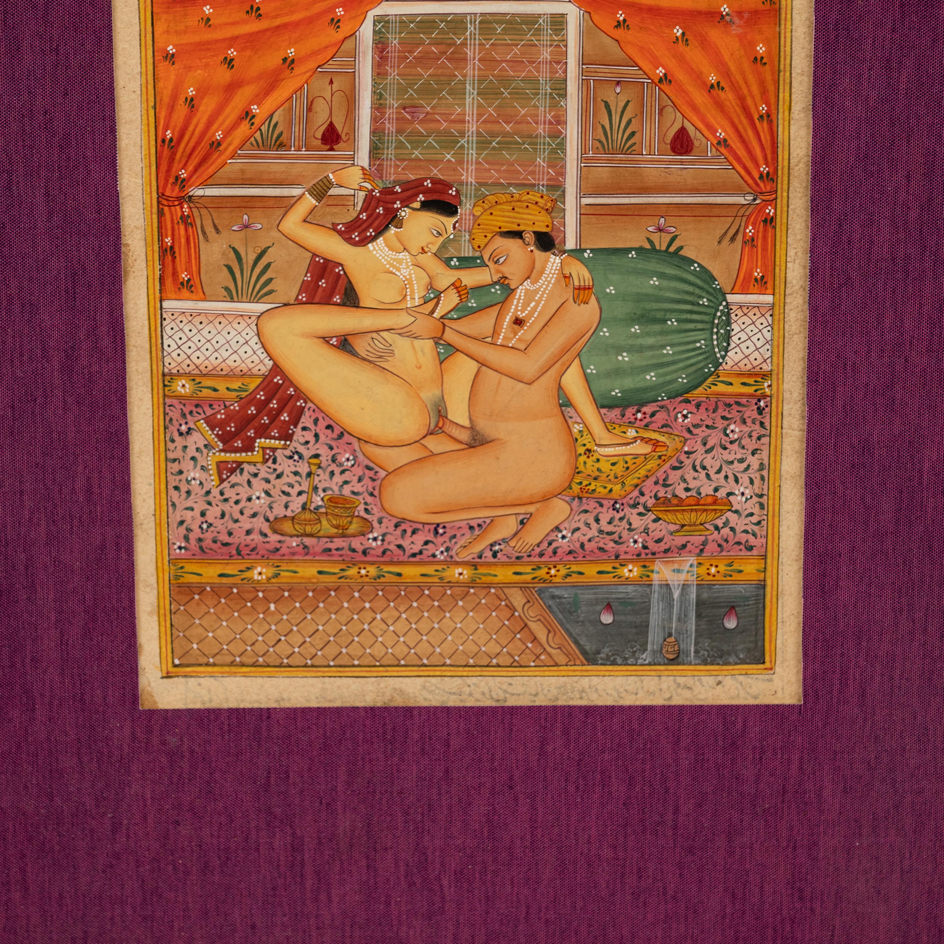 Antica coppia del XVIII secolo di dipinti erotici indiani Kamasutra in miniatura 1750 in vendita 8