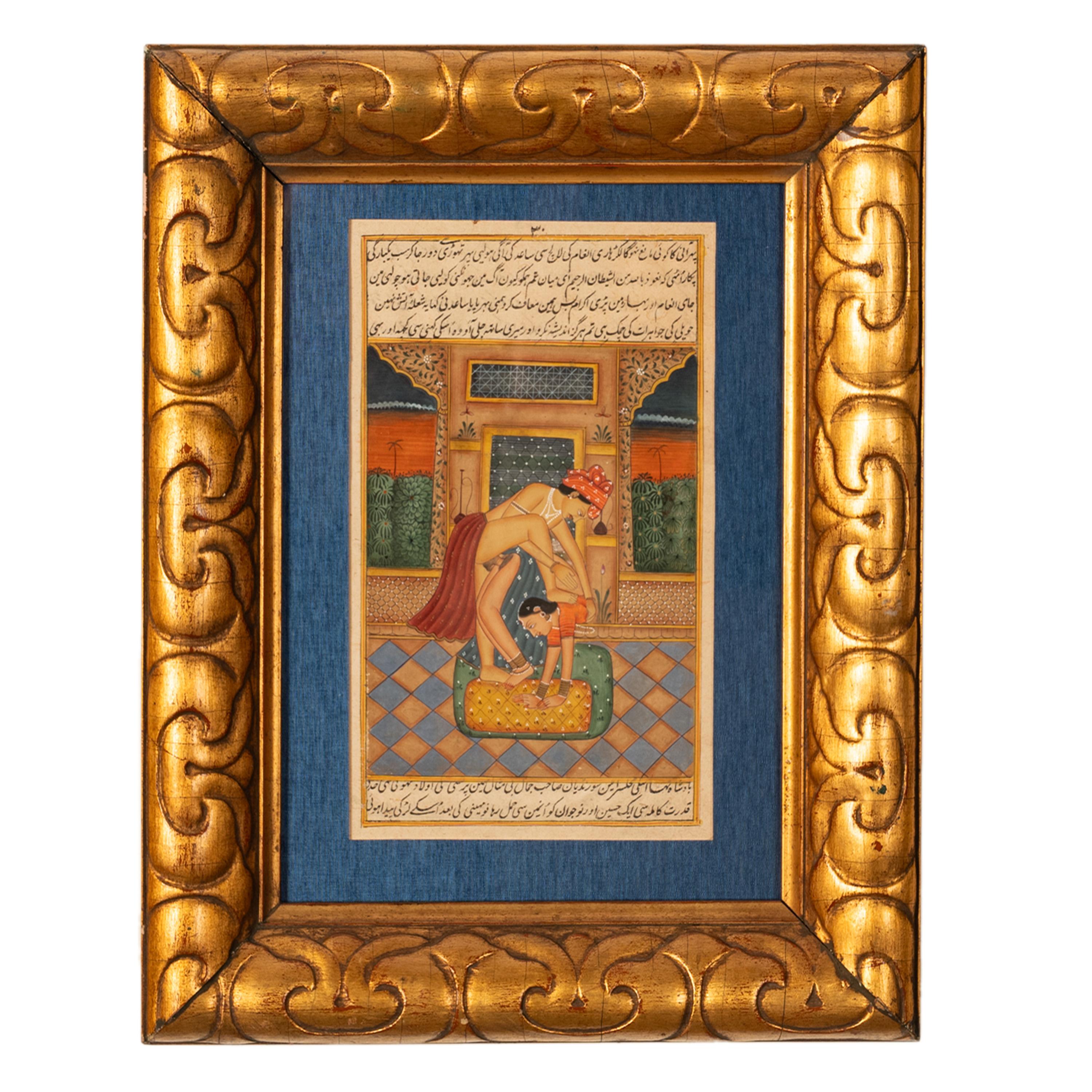 Coppia di antichi dipinti erotici indiani del Kamasutra del XVIII secolo, circa 1750.
I dipinti, probabilmente del Nord-Est dell'India o forse del Nepal, sono dipinti molto finemente con colori opachi su carta fatta a mano e provengono da una copia