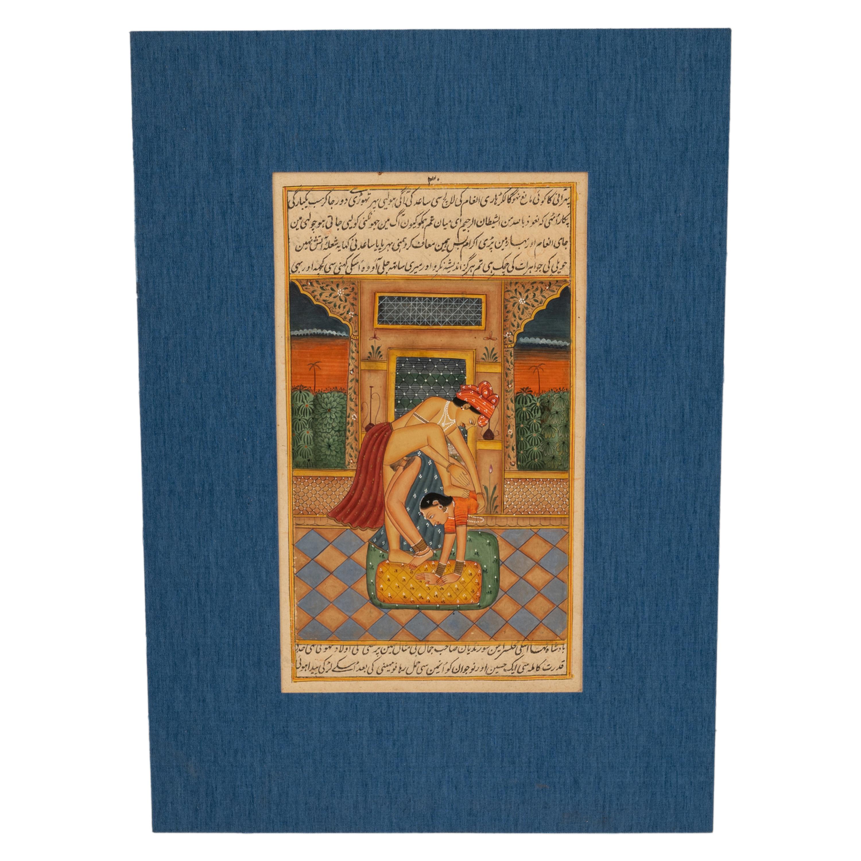 Dipinto a mano Antica coppia del XVIII secolo di dipinti erotici indiani Kamasutra in miniatura 1750 in vendita