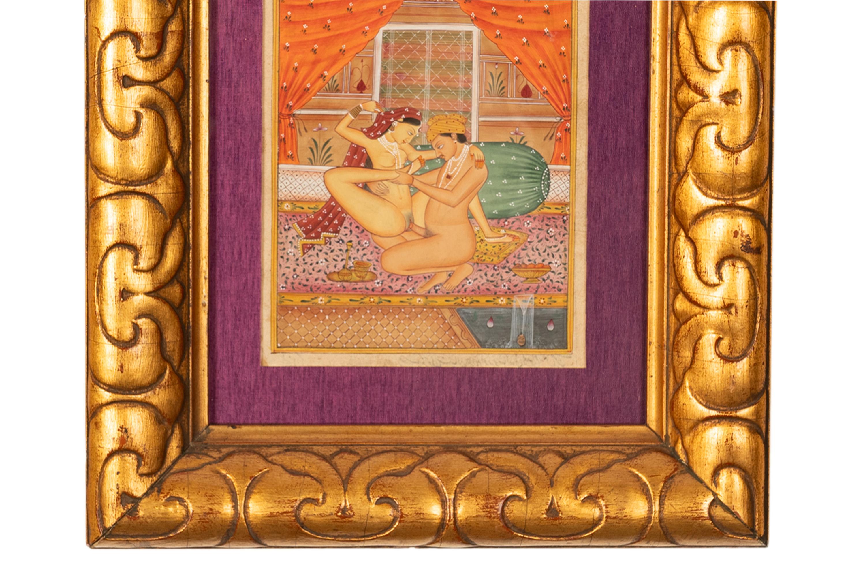 Antica coppia del XVIII secolo di dipinti erotici indiani Kamasutra in miniatura 1750 in vendita 1