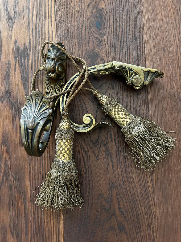 Baroque Antique 18th Century Pair of Bronze Curtain Brackets with Pair of Tassels  For Sale