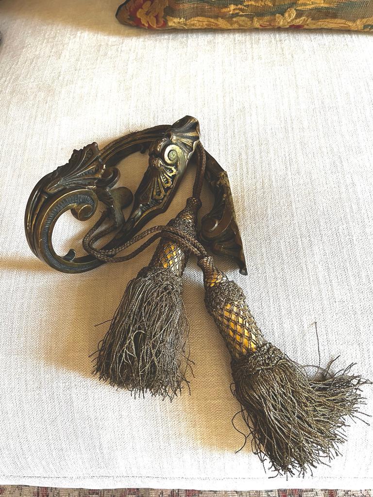 Gilt Antique 18th Century Pair of Bronze Curtain Brackets with Pair of Tassels  For Sale