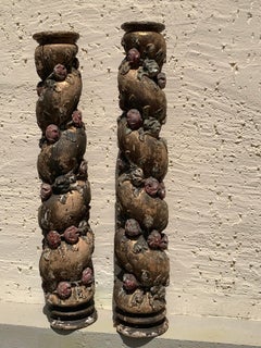 Antique 18th Century Pair Of Columns Hand Carved Wood Painted Flowers