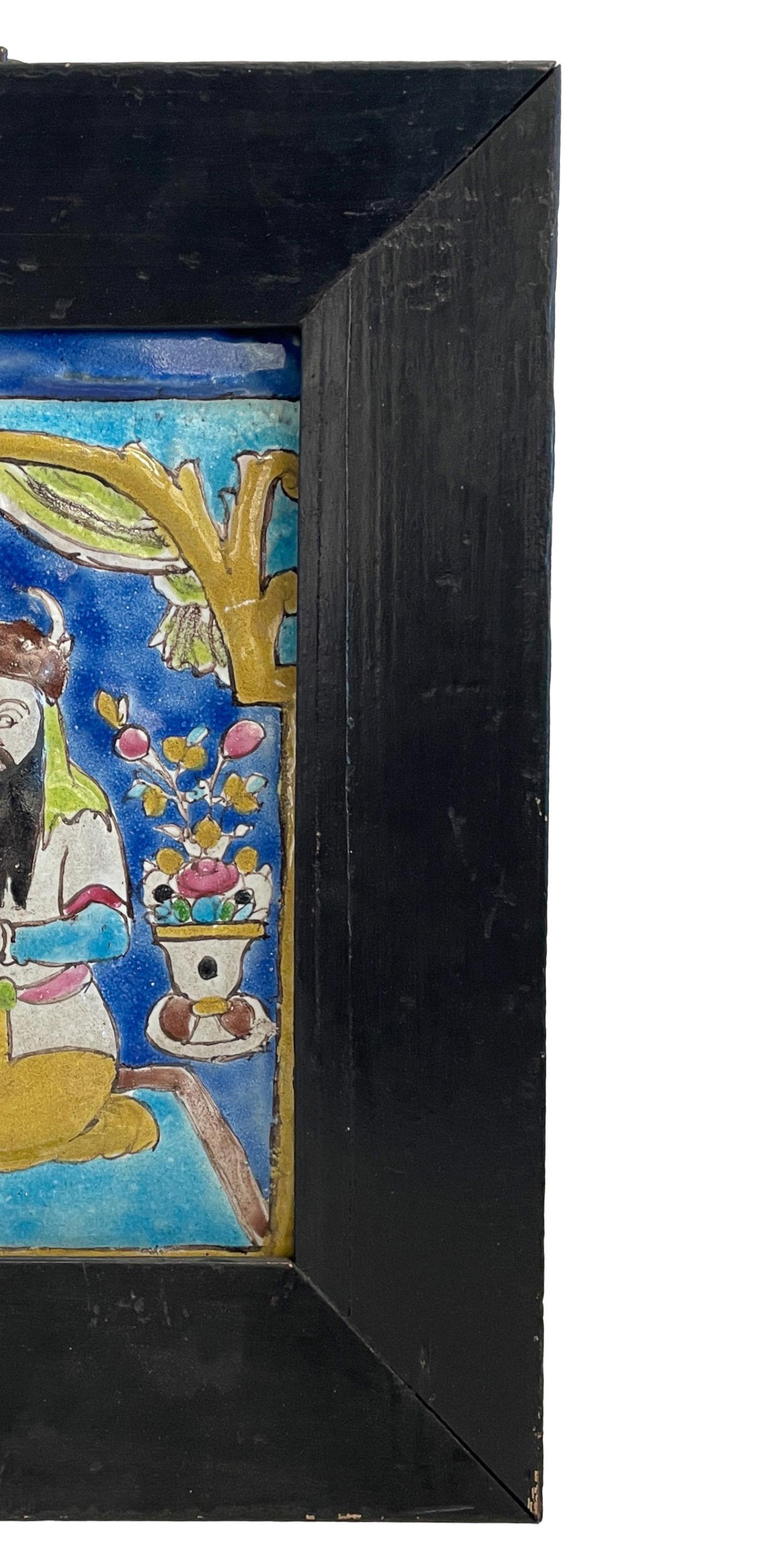 Antique 18th Century Persian Islamic Safavid Cuerda Seca Pottery Tile Rostam In Good Condition For Sale In Portland, OR