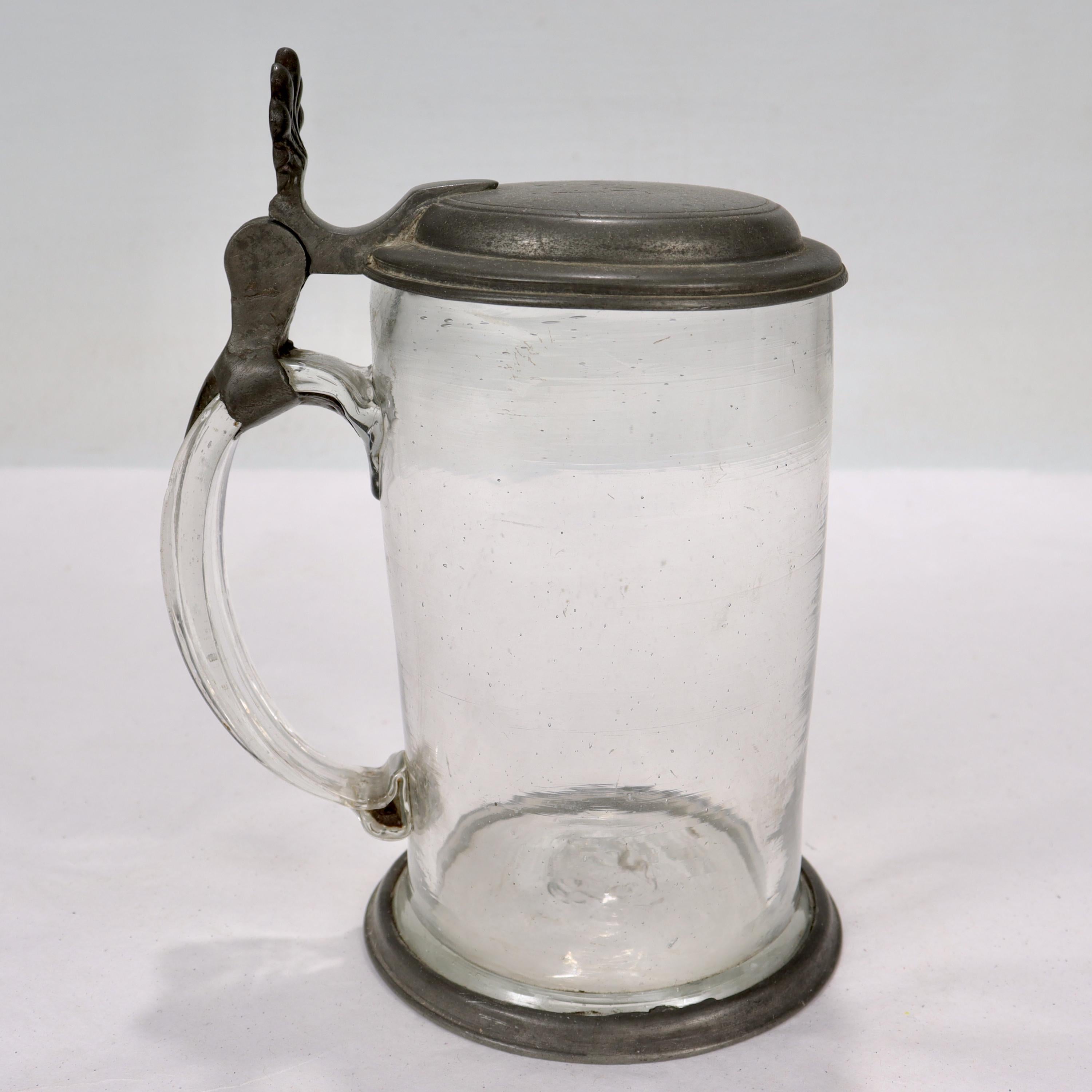 German Antique 18th Century Pewter Lidded Continental Glass Beer Stein, Dated 1796 For Sale