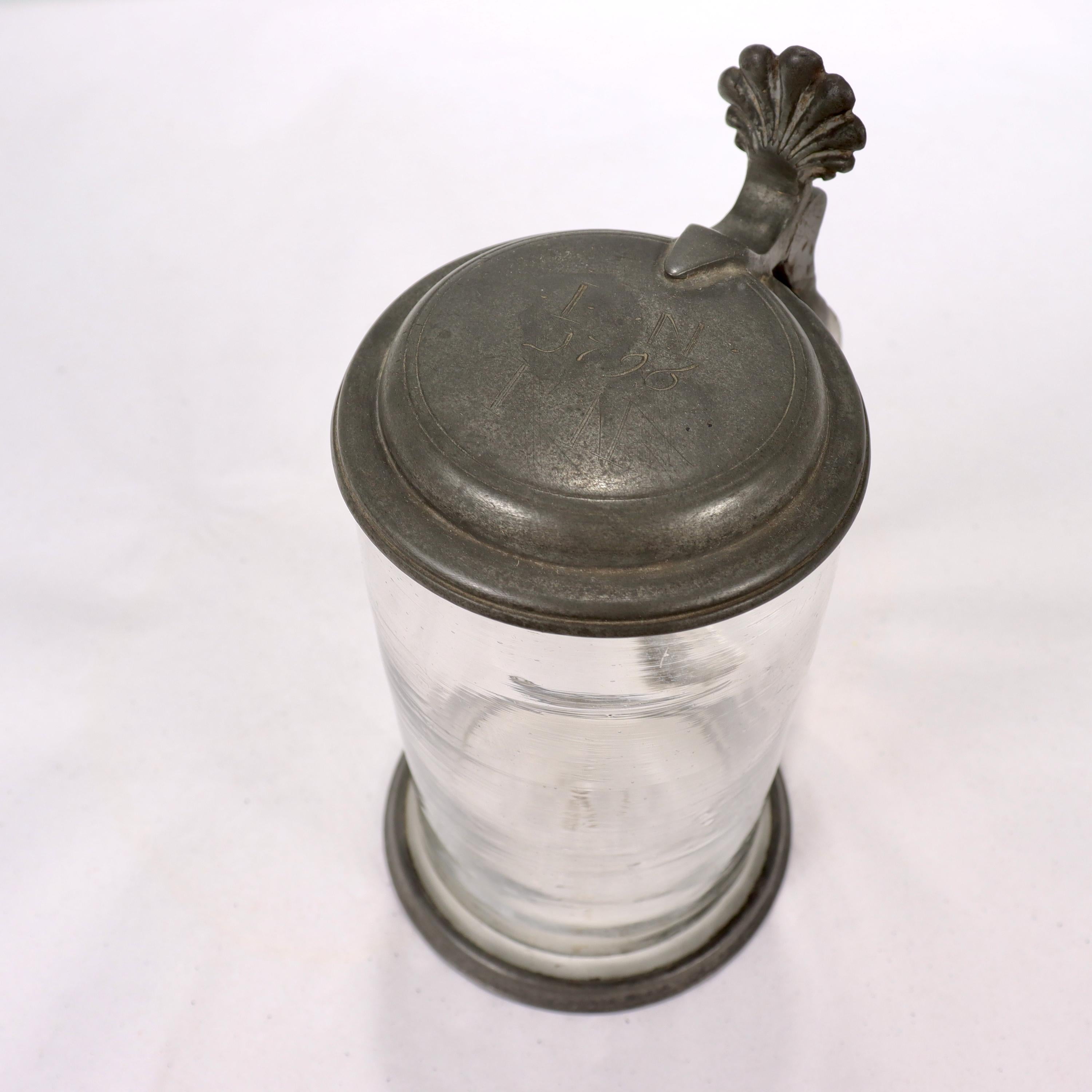 Antique 18th Century Pewter Lidded Continental Glass Beer Stein, Dated 1796 For Sale 3