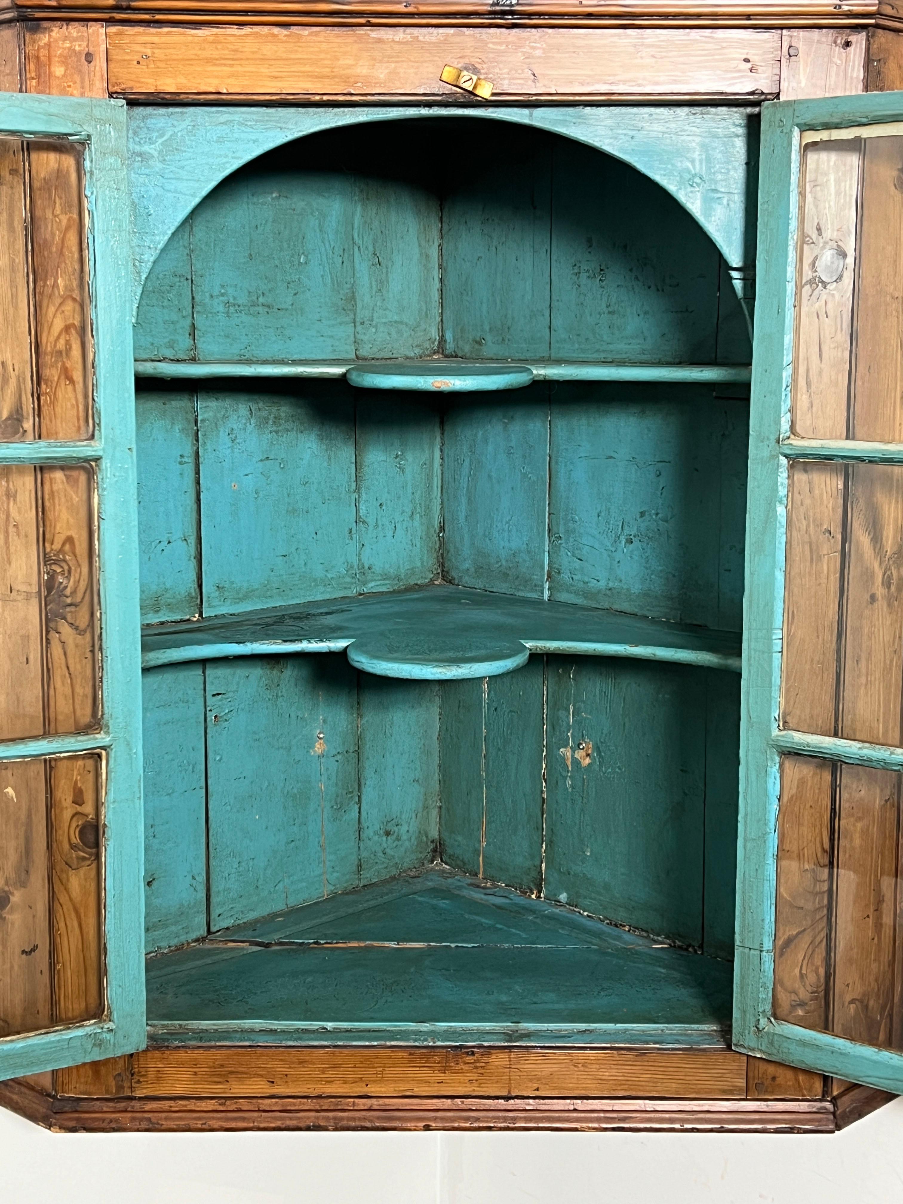 Federal Antique 18th Century Pine Wall Hanging Corner Cabinet With Painted Blue Interior For Sale
