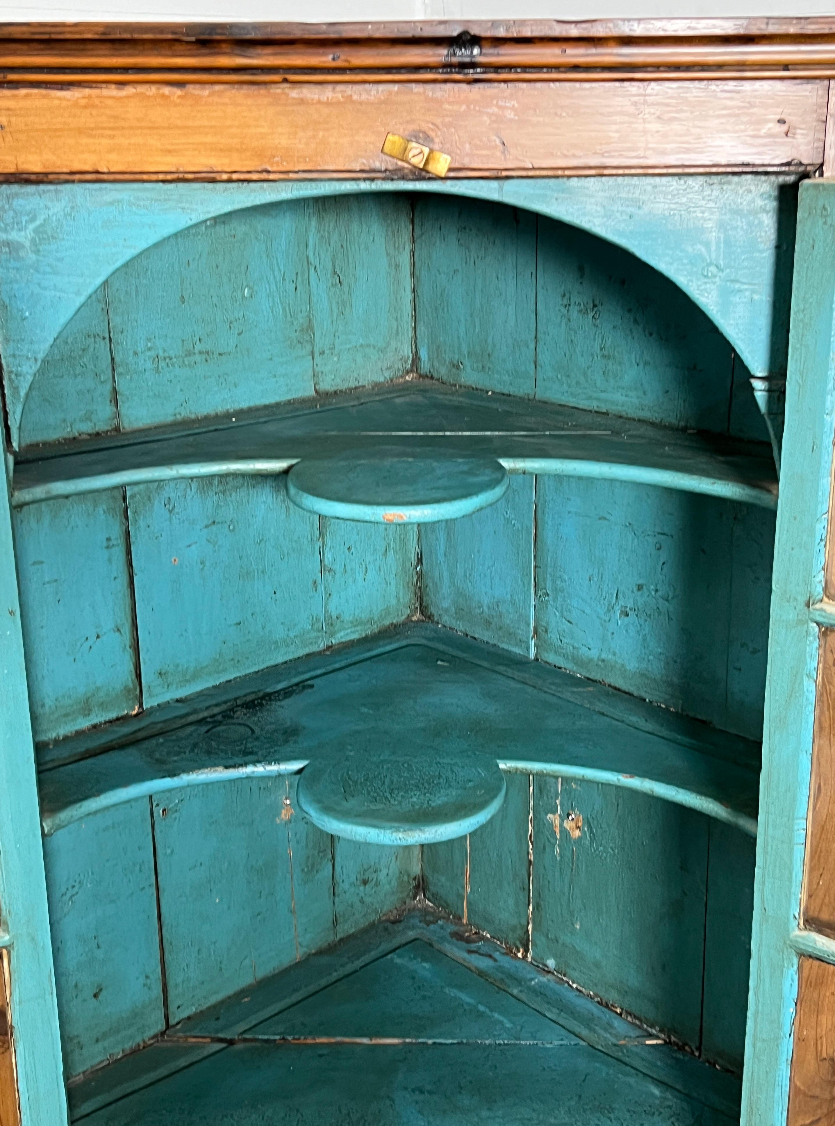 Antique 18th Century Pine Wall Hanging Corner Cabinet With Painted Blue Interior For Sale 1