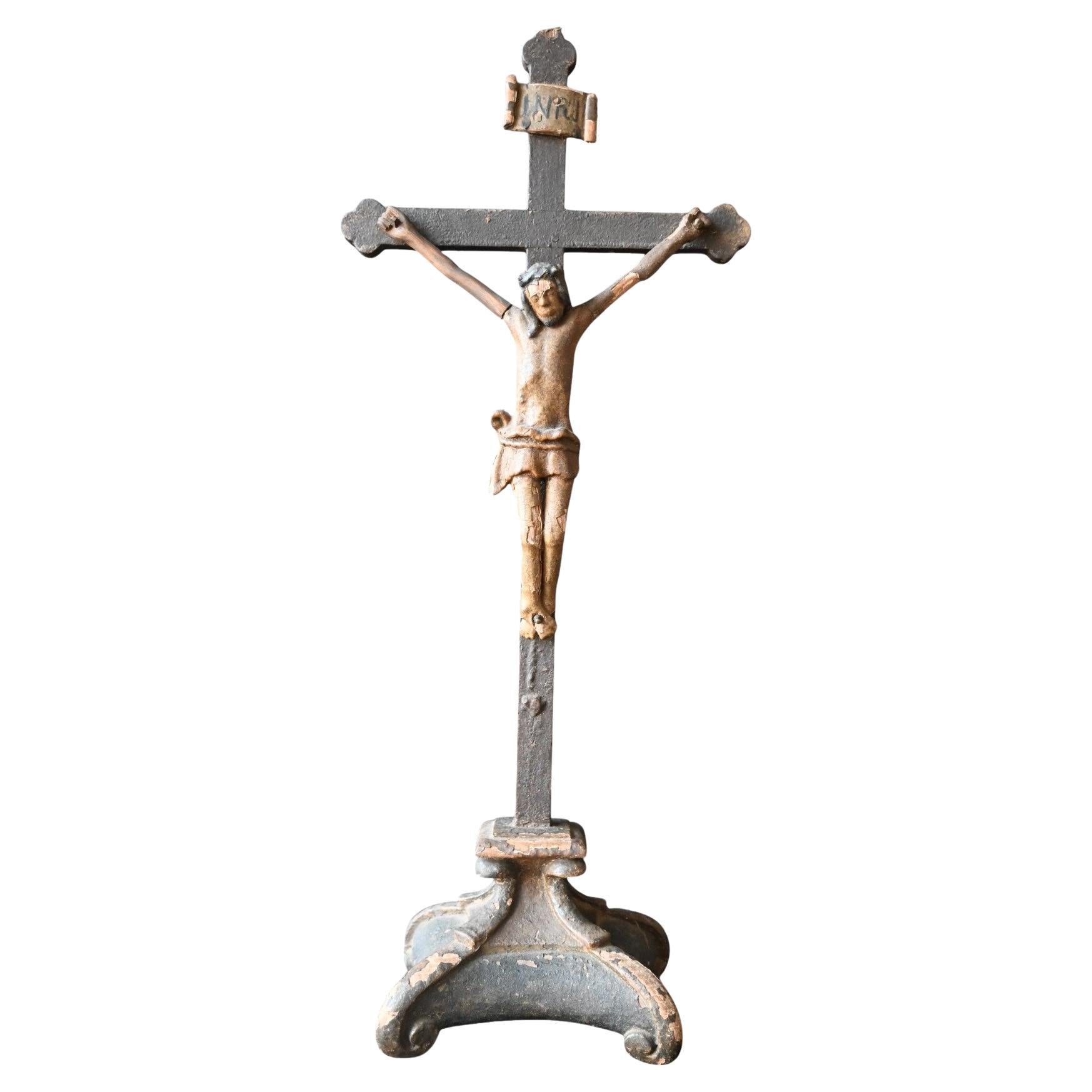 Antique 18th century polychrome  wooden  Crucifix cross statue