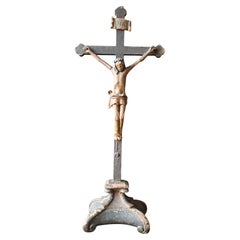 Antique 18th century polychrome  wooden  Crucifix cross statue