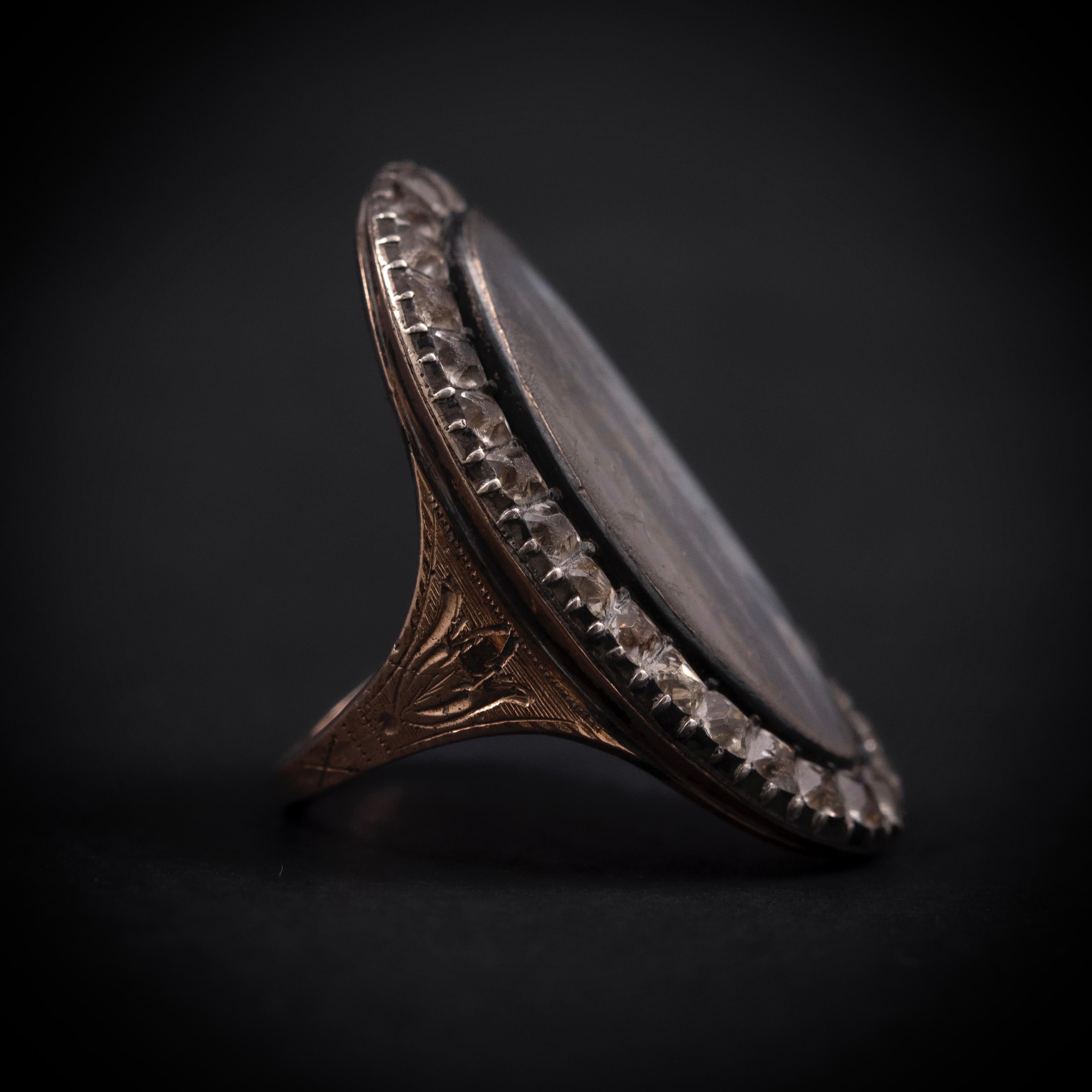 Georgian Antique 18th Century Portrait Miniature Strass Ring Silver Rose Gold European