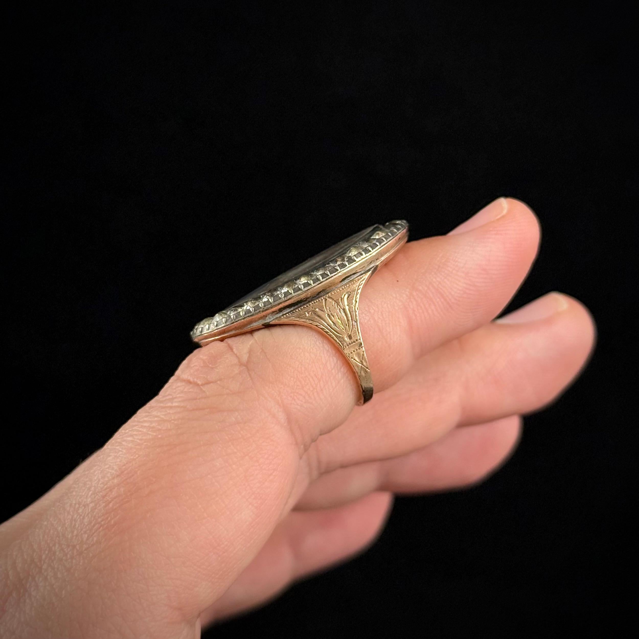 Women's or Men's Antique 18th Century Portrait Miniature Strass Ring Silver Rose Gold European