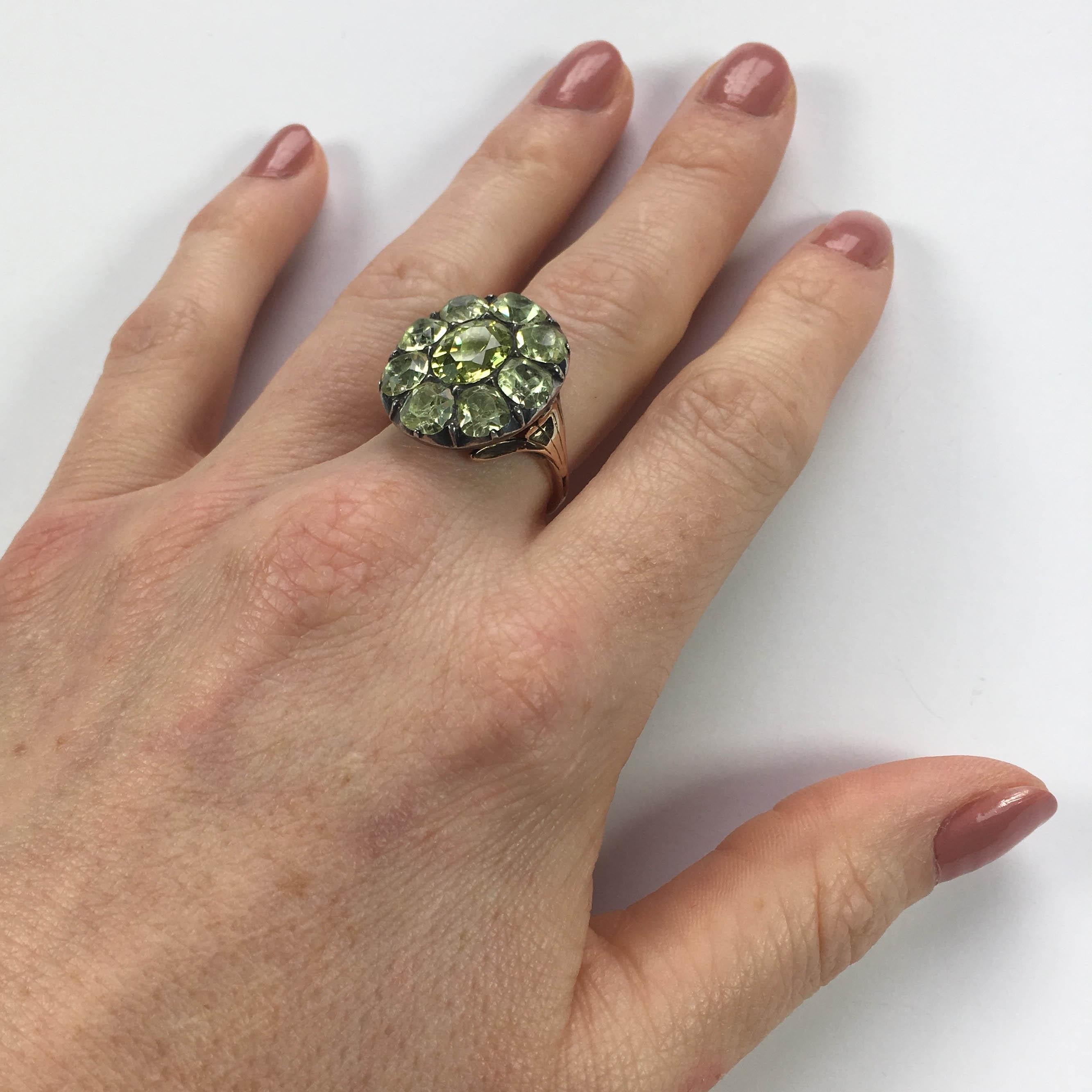 Georgian Antique 18th Century Portuguese Green Chrysoberyl Gold Silver Cluster Ring