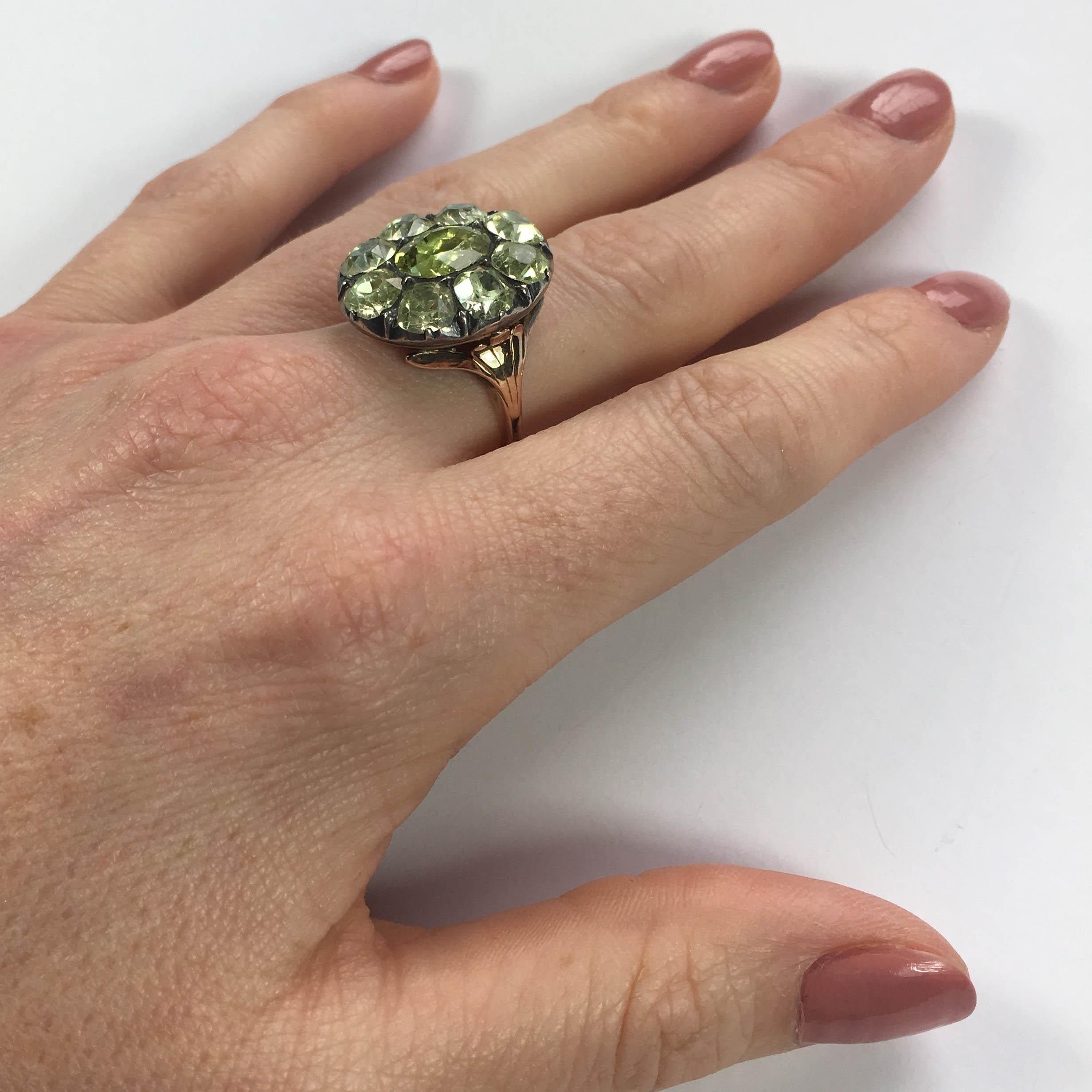 Antique 18th Century Portuguese Green Chrysoberyl Gold Silver Cluster Ring In Good Condition In London, GB