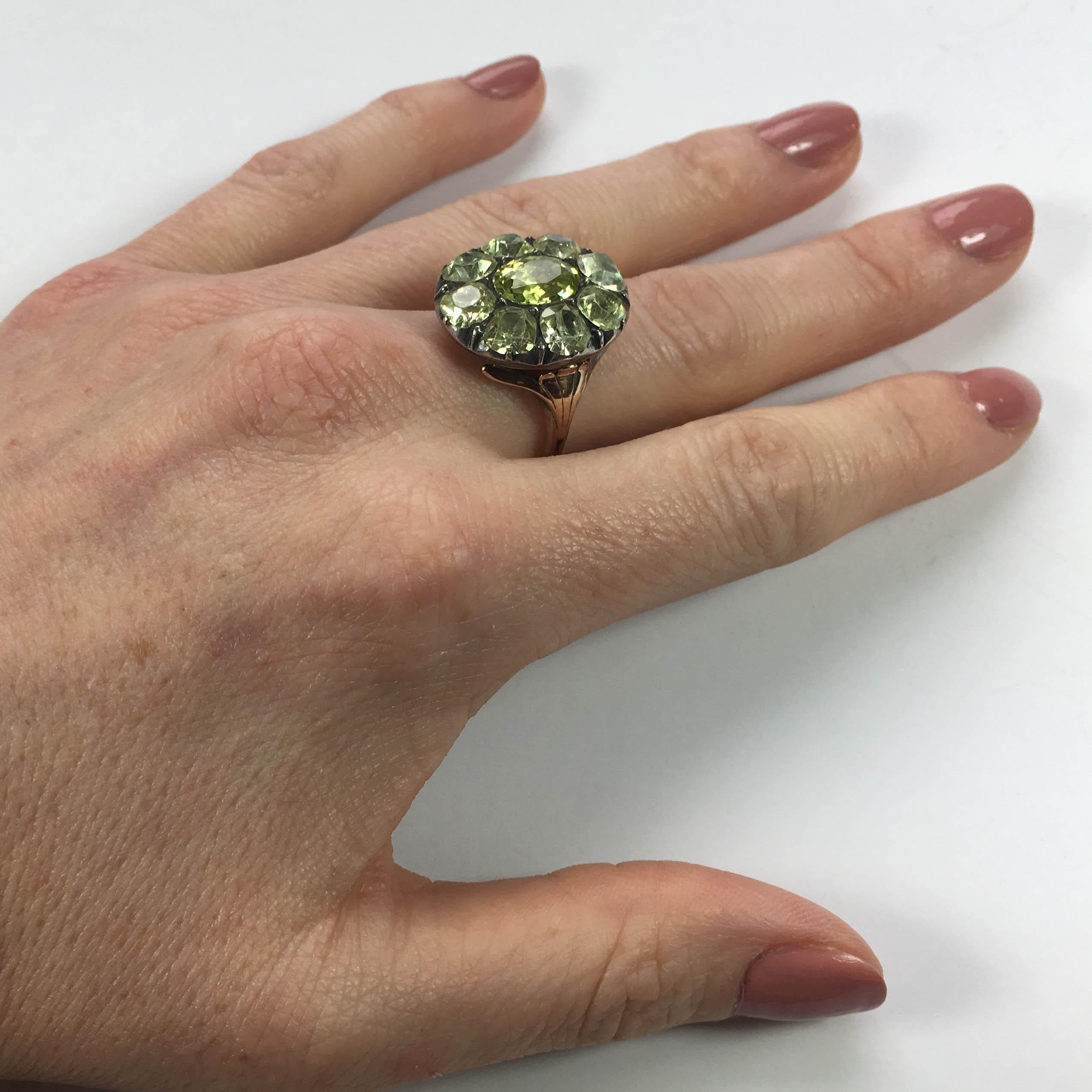 Women's Antique 18th Century Portuguese Green Chrysoberyl Gold Silver Cluster Ring