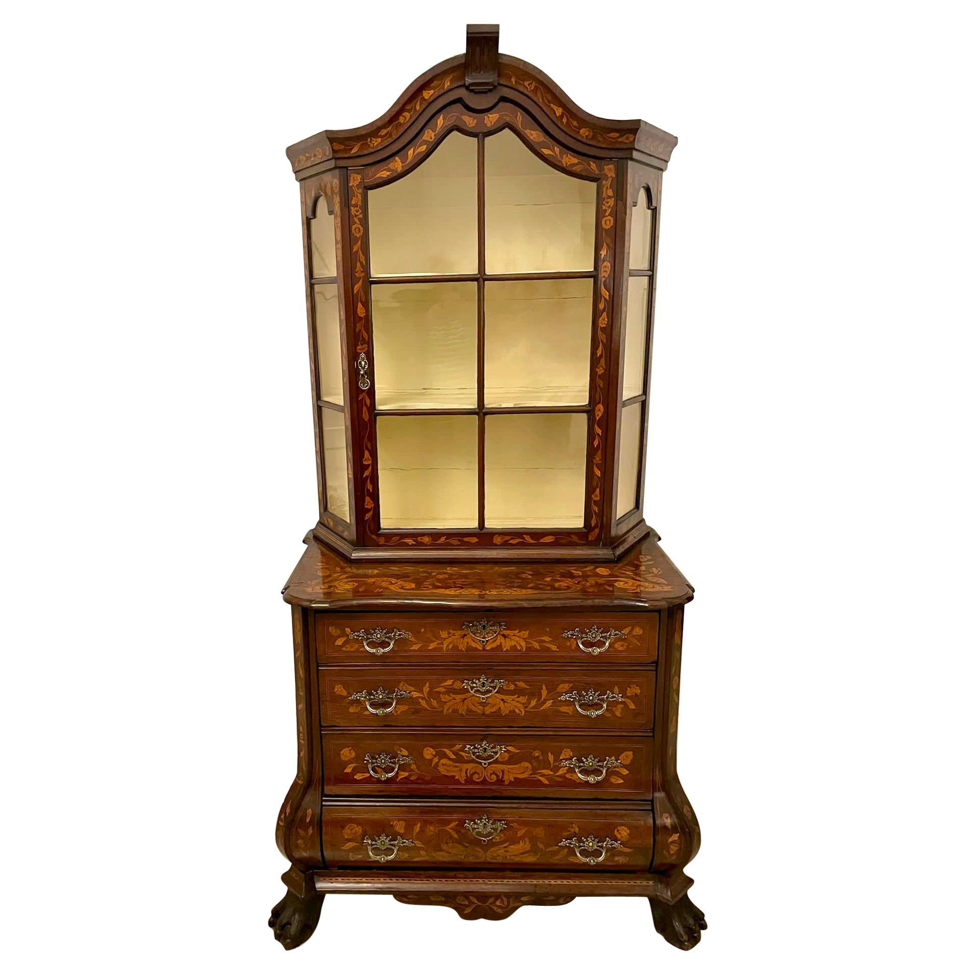 Antique 18th Century Quality Dutch Marquetry Walnut Display Cabinet on Chest