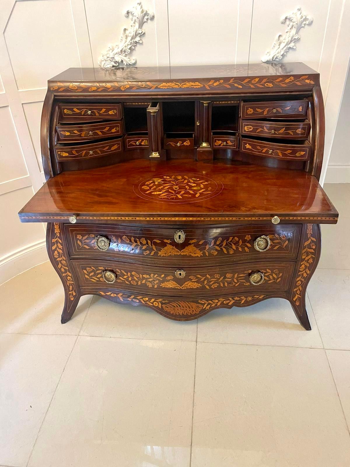 English Antique 18th Century Quality Mahogany Floral Marquetry Inlaid Cylinder Bureau For Sale
