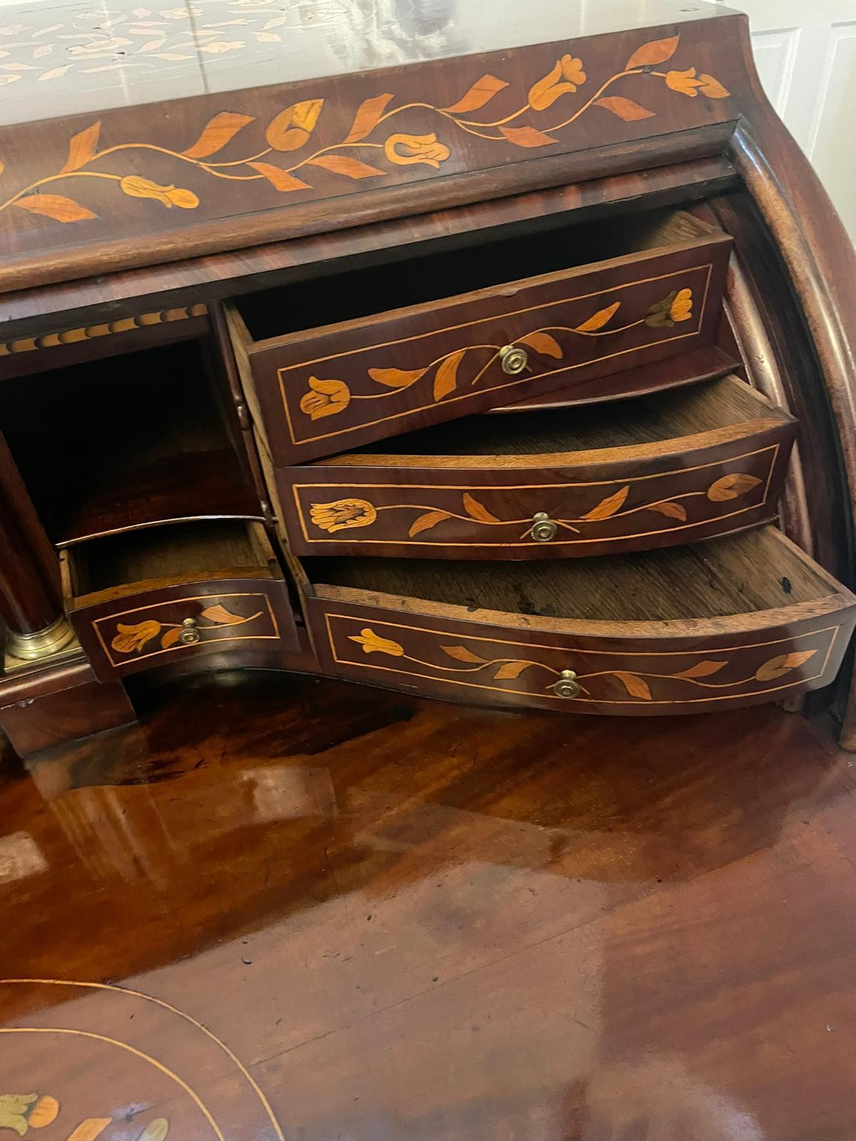 18th Century and Earlier Antique 18th Century Quality Mahogany Floral Marquetry Inlaid Cylinder Bureau For Sale