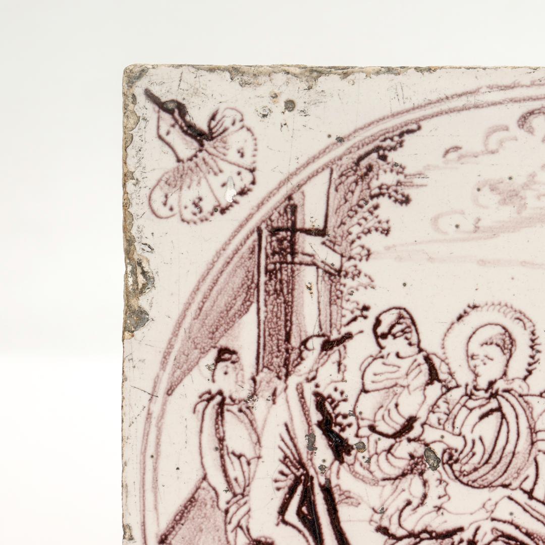 Ceramic Antique 18th Century Religious Dutch Delft Manganese Tile of Matthew 19:14 For Sale
