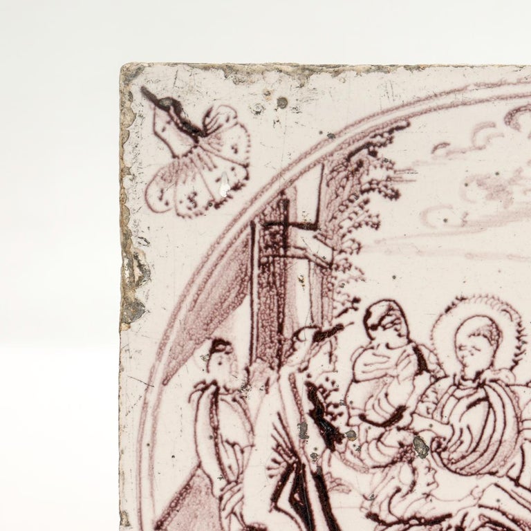 Antique 18th century religious dutch delft manganese tile of matthew 19