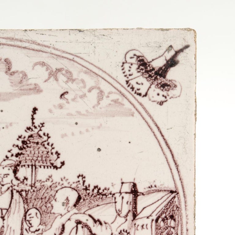 Antique 18th century religious dutch delft manganese tile of matthew 19