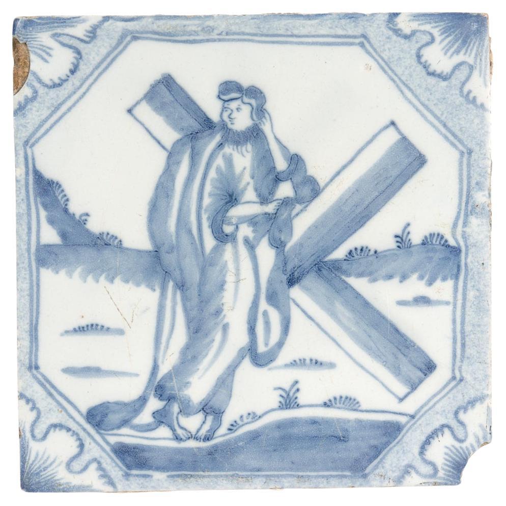 Antique 18th Century Religious Dutch Delft Tile with Jesus Bearing His Cross For Sale