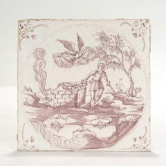 Antique 18th Century Religious Manganese Dutch Delft Tile of Abraham