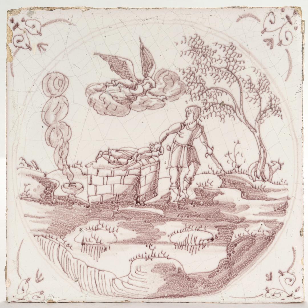 Antike religiöse Mangan holländische Delft Fliese des 18. Jahrhunderts von Abraham (Barock) im Angebot