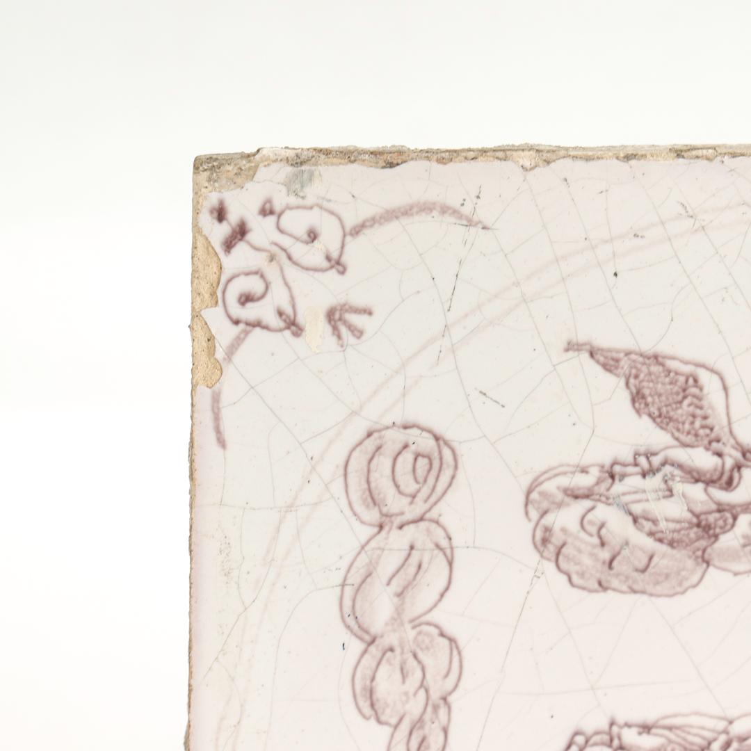 Antike religiöse Mangan holländische Delft Fliese des 18. Jahrhunderts von Abraham im Angebot 1