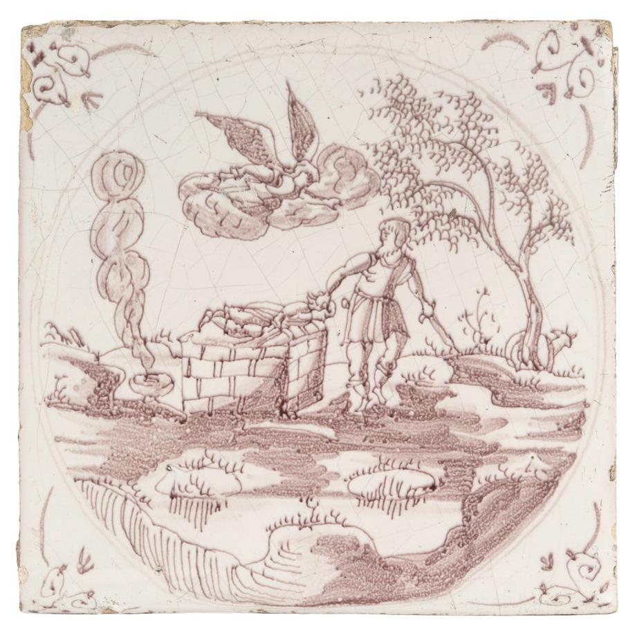 Antike religiöse Mangan holländische Delft Fliese des 18. Jahrhunderts von Abraham im Angebot