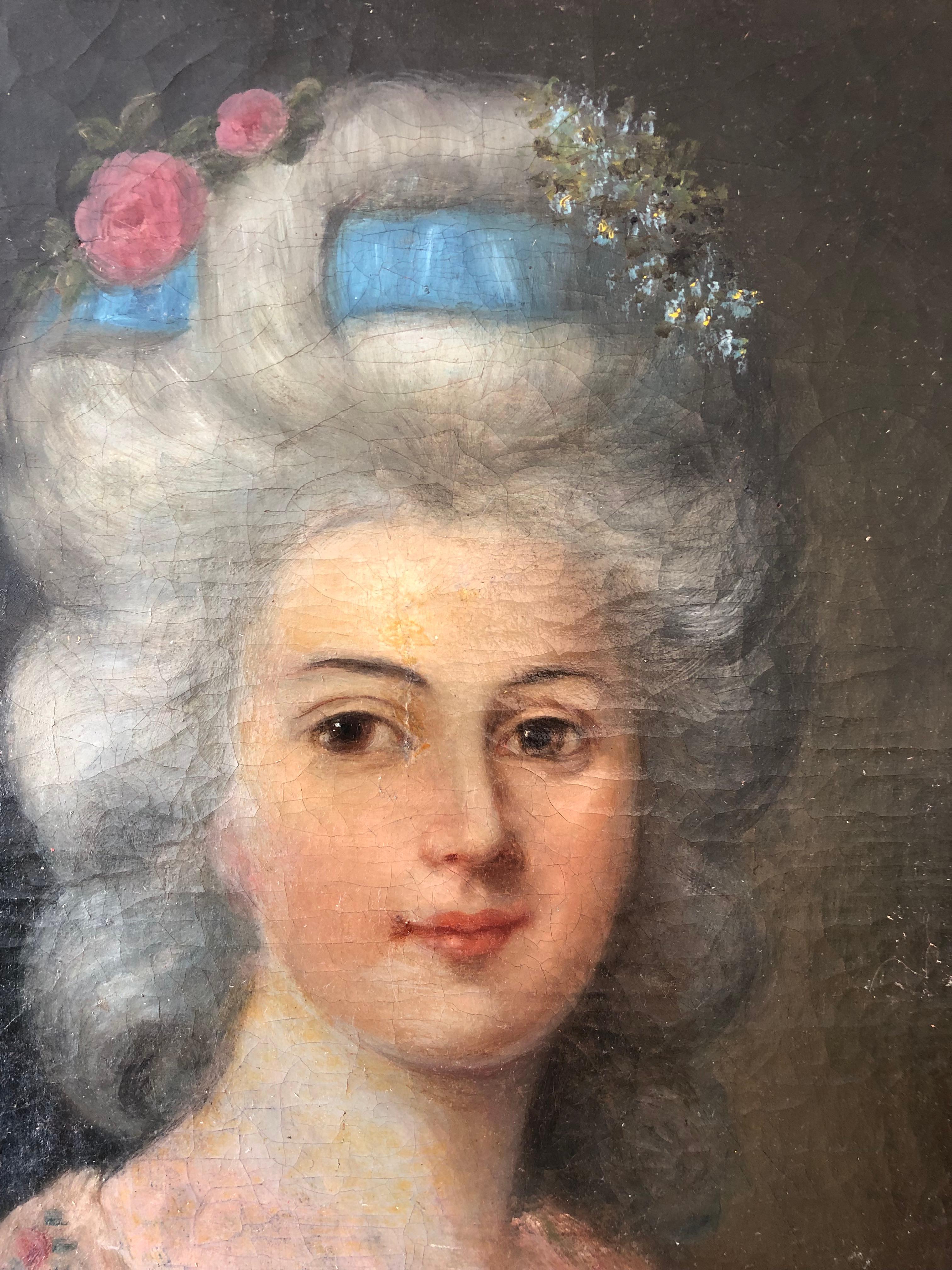 Francese Antico dipinto rococò del XVIII secolo raffigurante una signora aristocratica in vendita