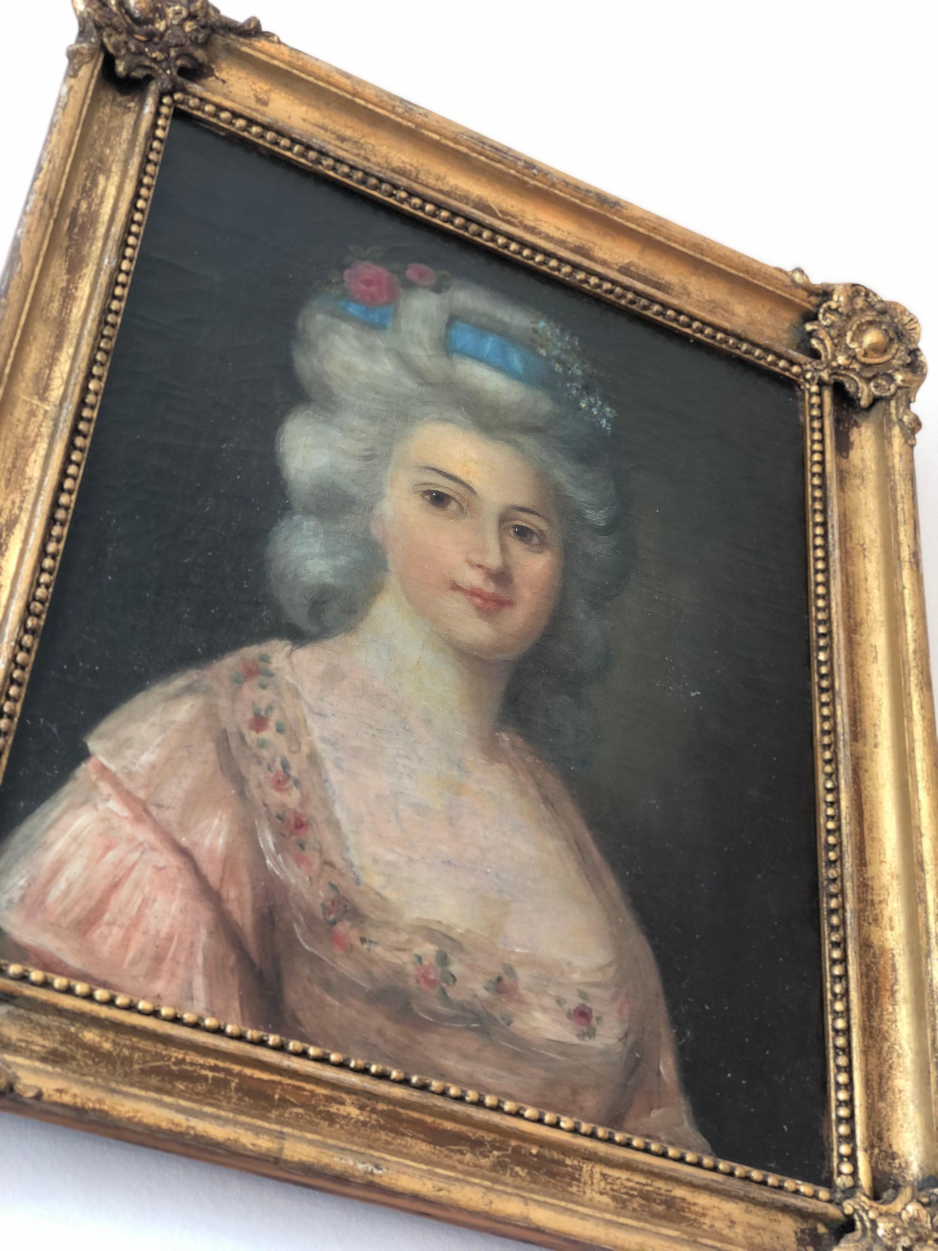 Antico dipinto rococò del XVIII secolo raffigurante una signora aristocratica In condizioni buone in vendita a Sakskøbing, DK