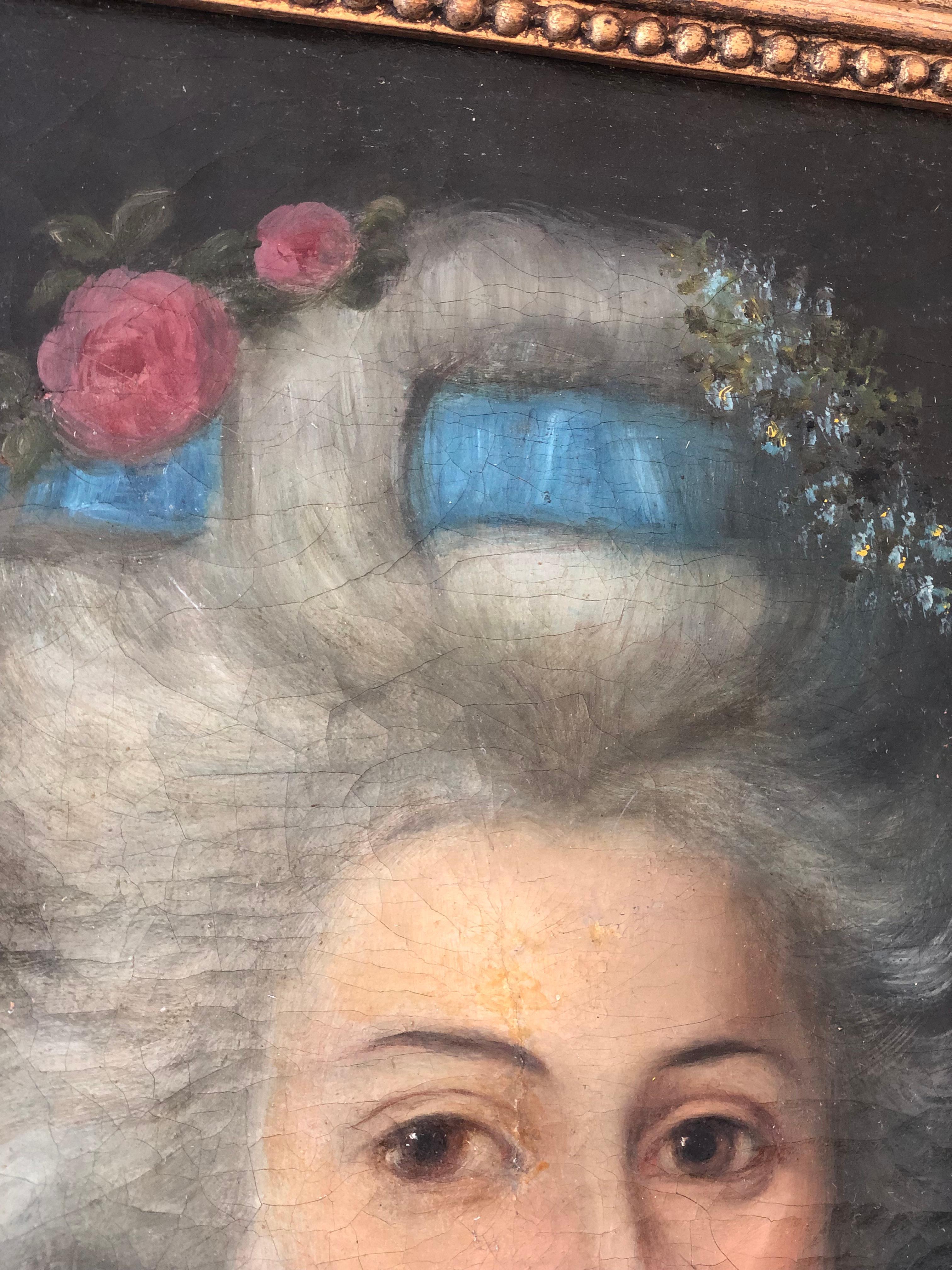Tela Antico dipinto rococò del XVIII secolo raffigurante una signora aristocratica in vendita