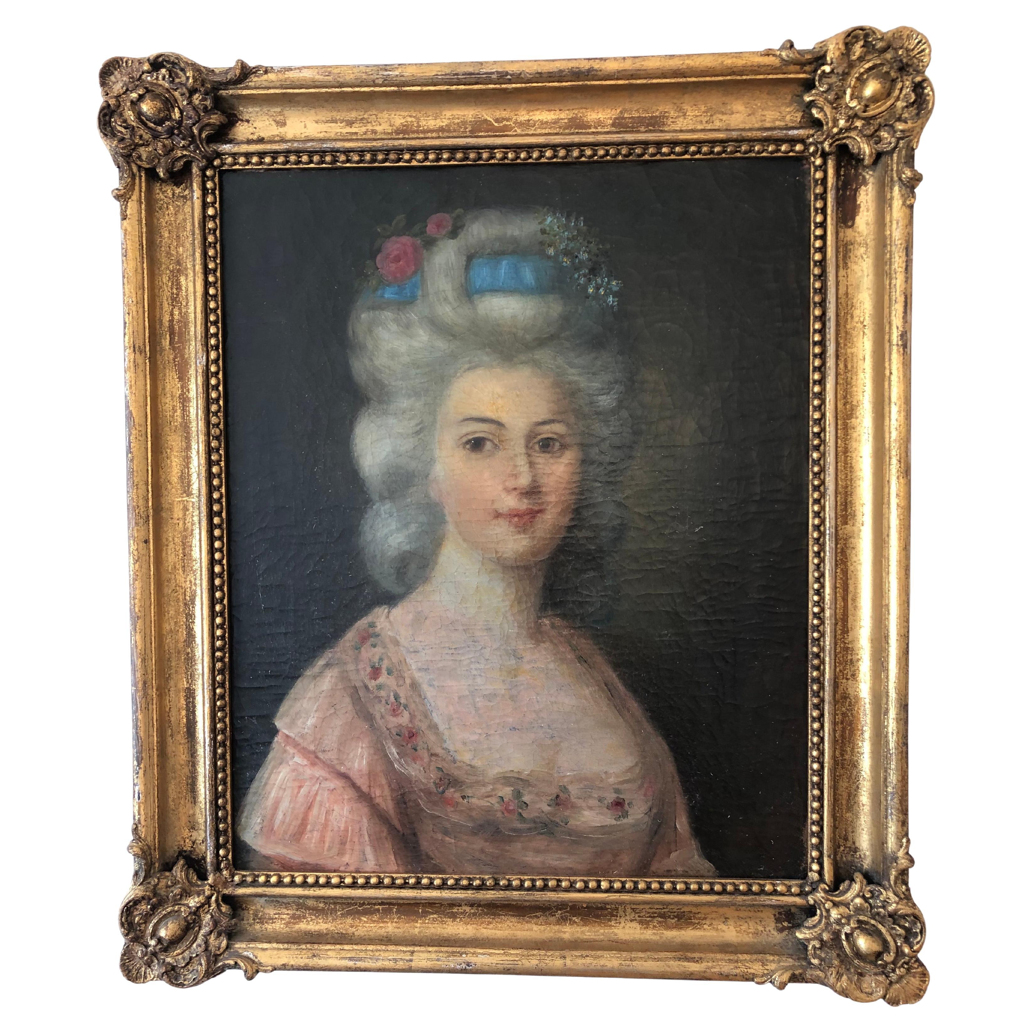 Antiguo retrato rococó del siglo XVIII de una dama aristocrática